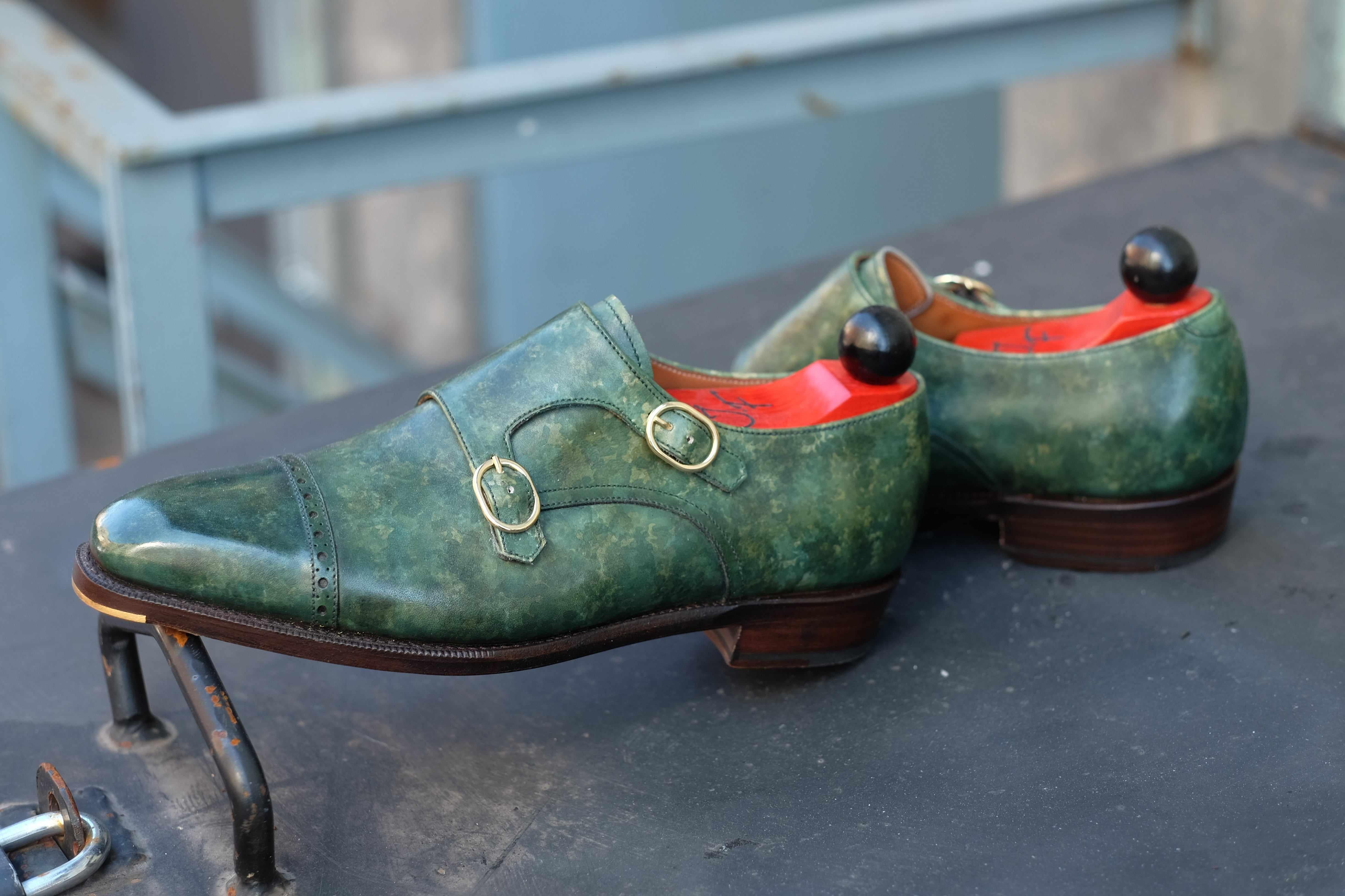 Woodland - Forest Green Marble Patina-Double Monk Straps Monkstraps-J.FitzPatrick Footwear