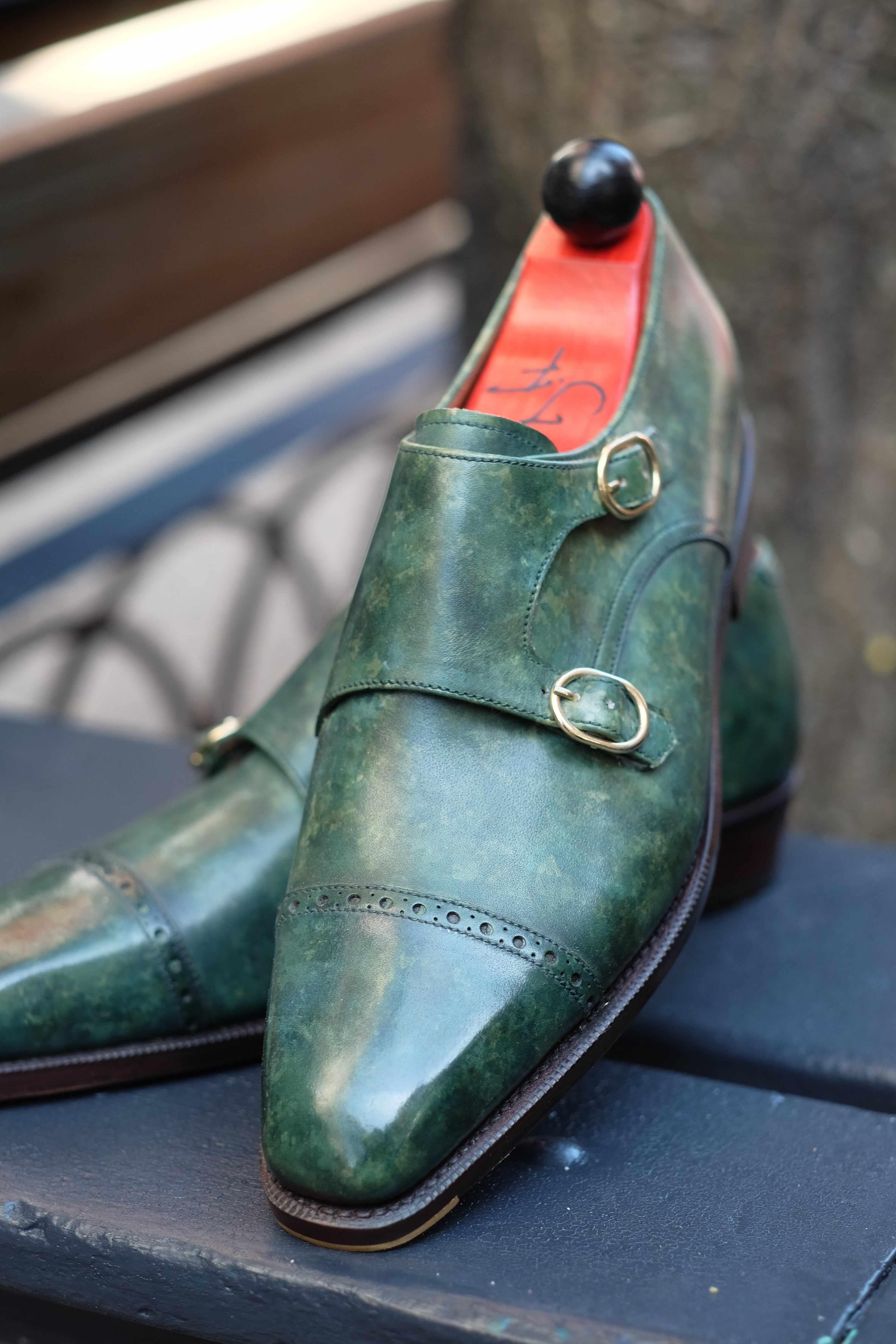 Woodland - Forest Green Marble Patina-Double Monk Straps Monkstraps-J.FitzPatrick Footwear