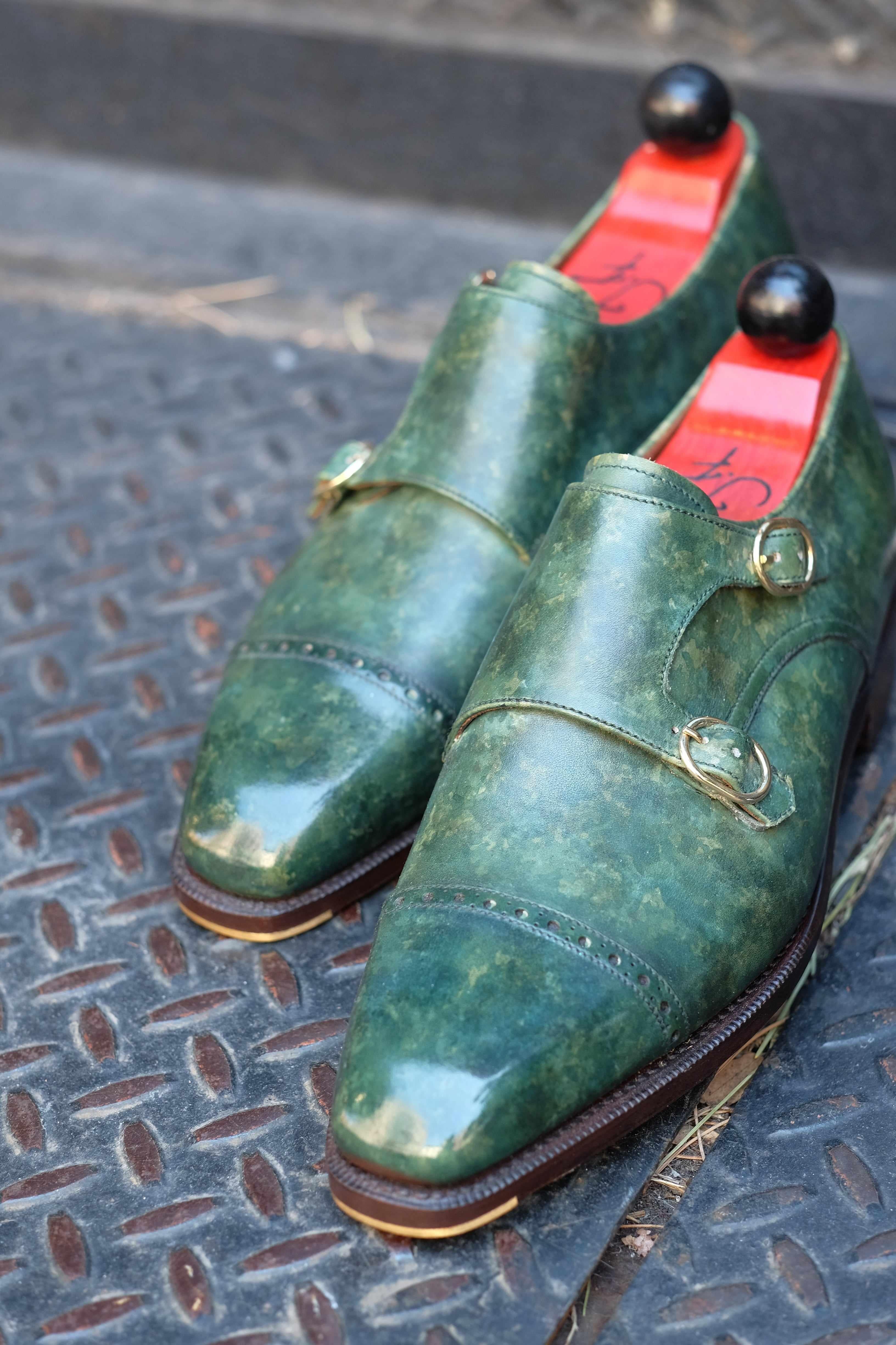 Woodland - Forest Green Marble Patina-Double Monk Straps Monkstraps-J.FitzPatrick Footwear
