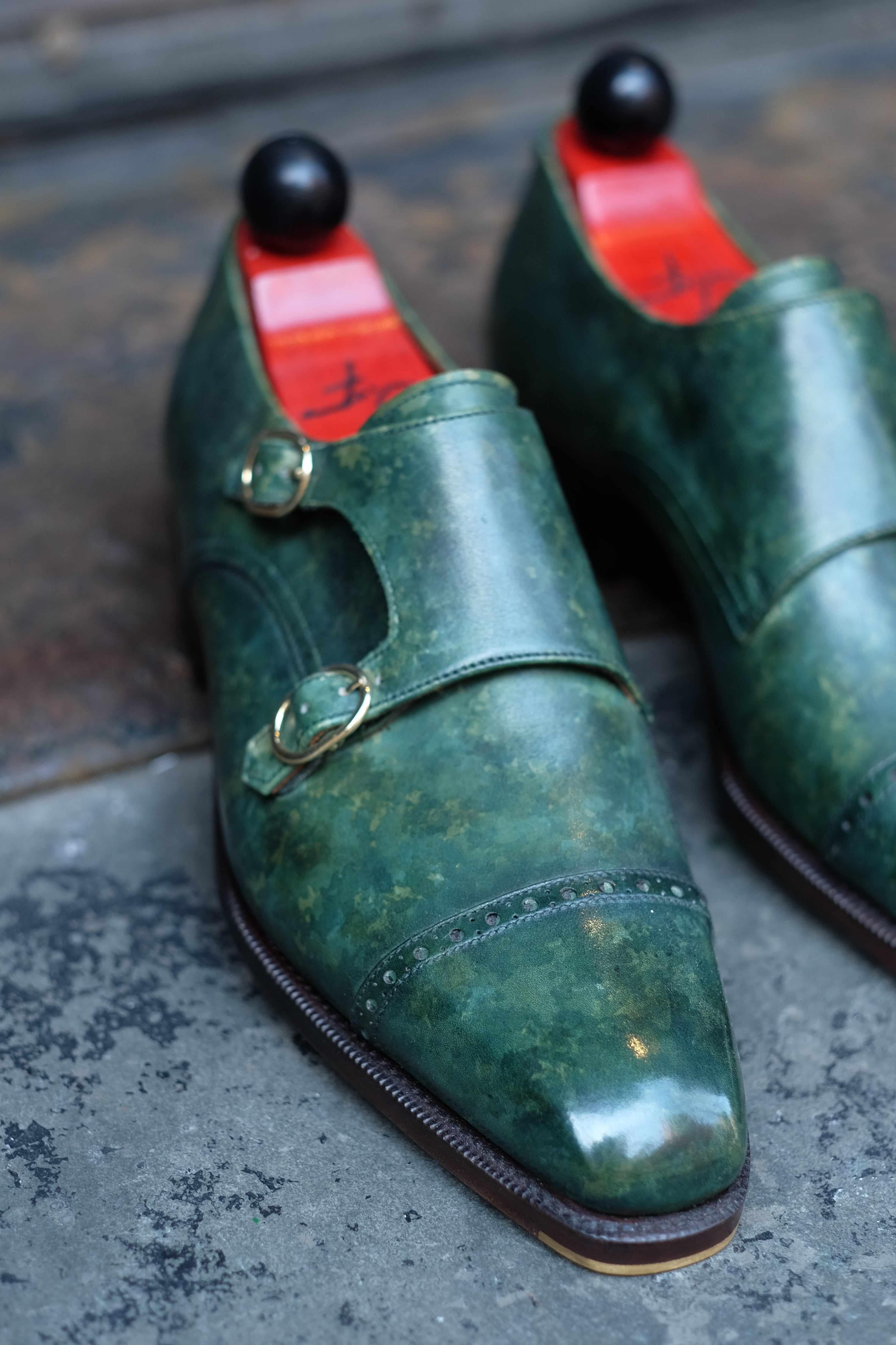 Woodland - Forest Green Marble Patina-Double Monk Straps Monkstraps-J.FitzPatrick Footwear