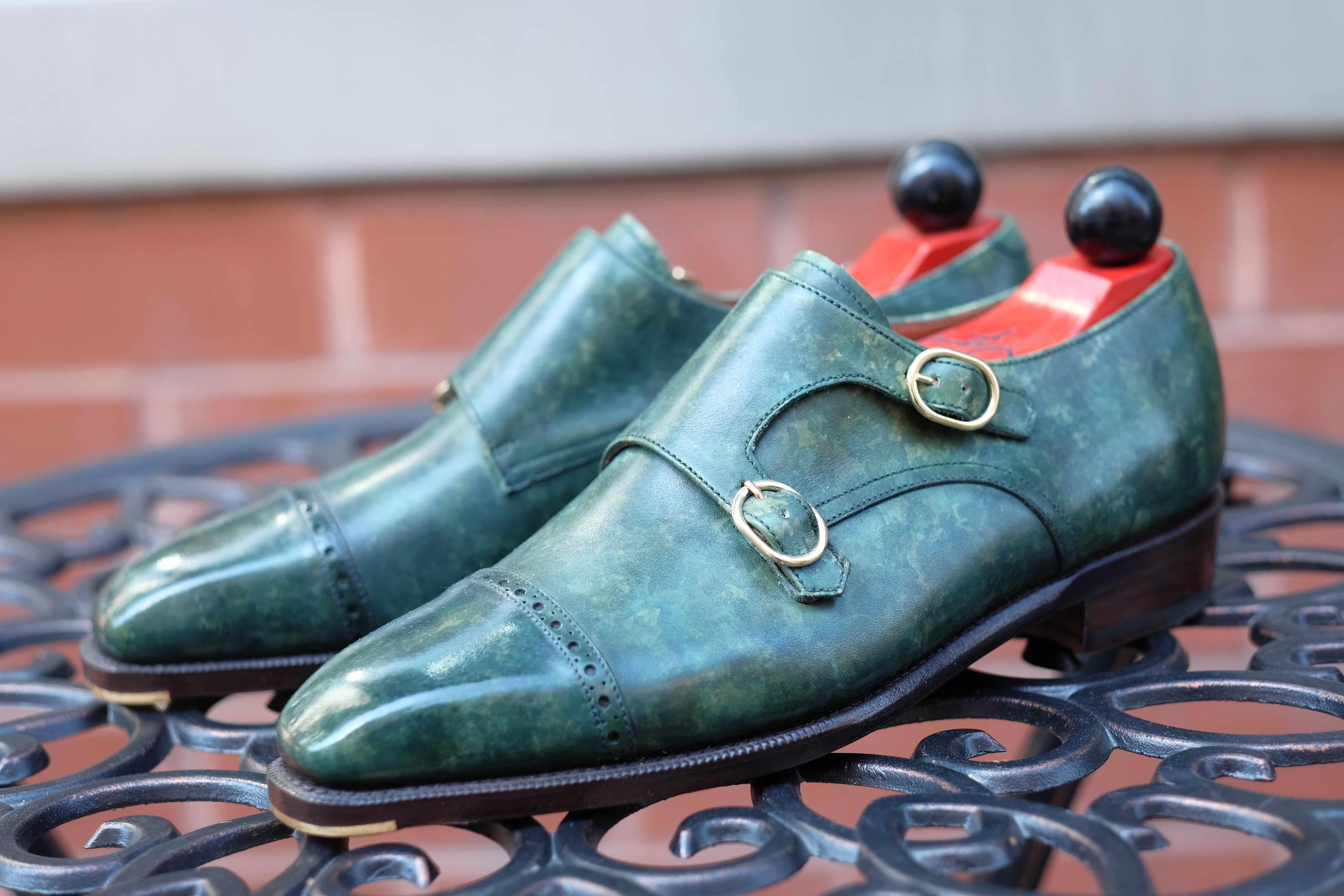Woodland - Forest Green Marble Patina-Double Monk Straps Monkstraps-J.FitzPatrick Footwear