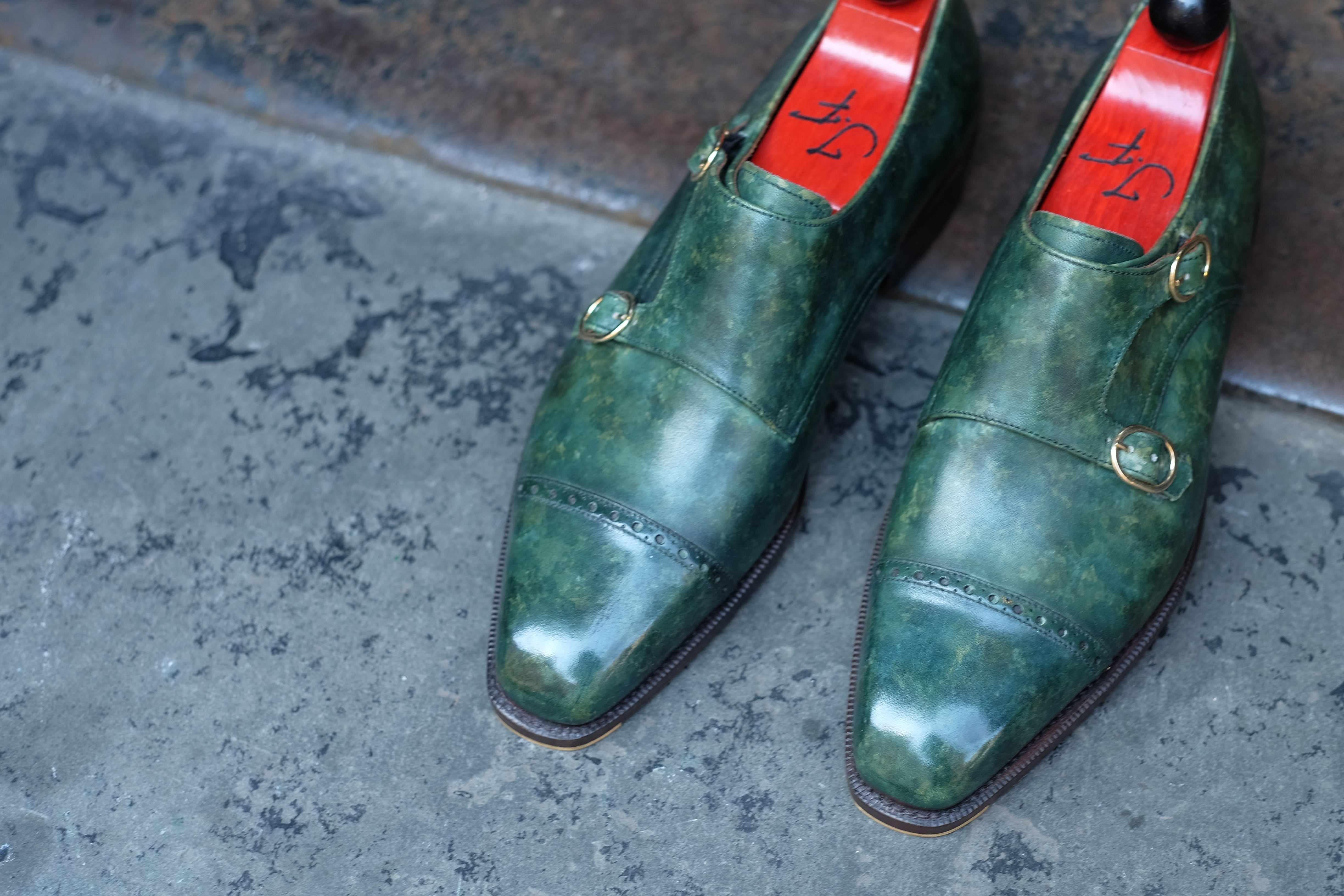 Woodland - Forest Green Marble Patina-Double Monk Straps Monkstraps-J.FitzPatrick Footwear
