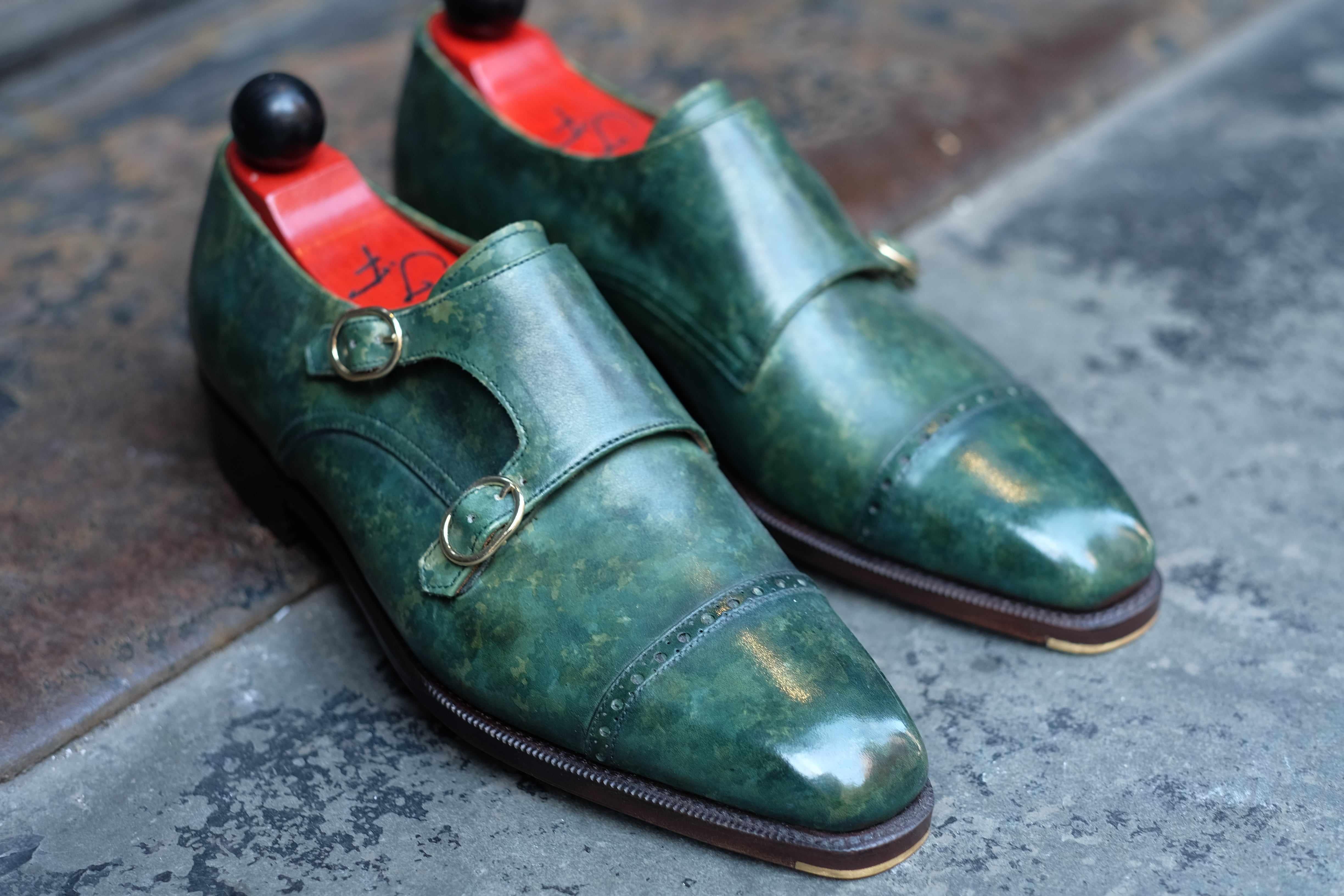 Woodland - Forest Green Marble Patina-Double Monk Straps Monkstraps-J.FitzPatrick Footwear