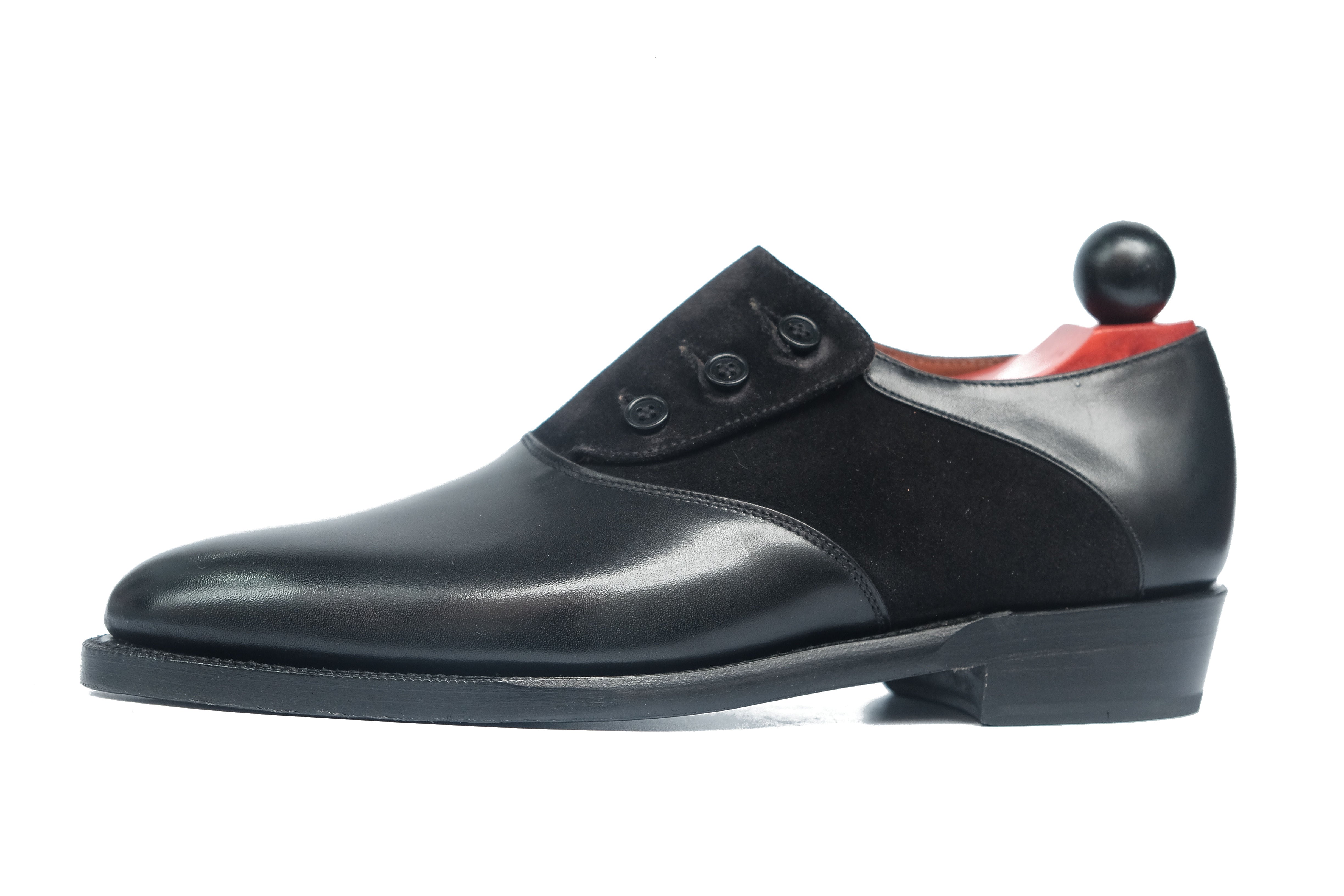 Aurora - MTO - Black Calf / Black Suede - TMG Last - Double Leather Sole-Made To Order Button Shoe Plain Toe-J.FitzPatrick Footwear