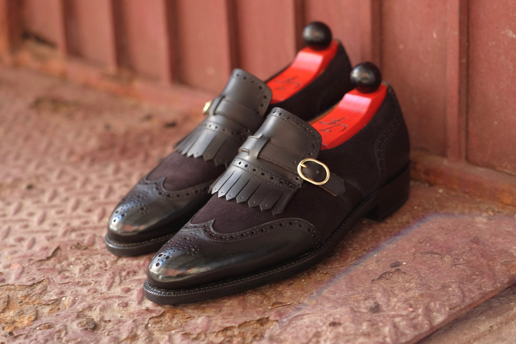 Camano MTO - Black Calf / Black Suede-Made To Order Single Monkstrap Wingtip Brogue-J.FitzPatrick Footwear