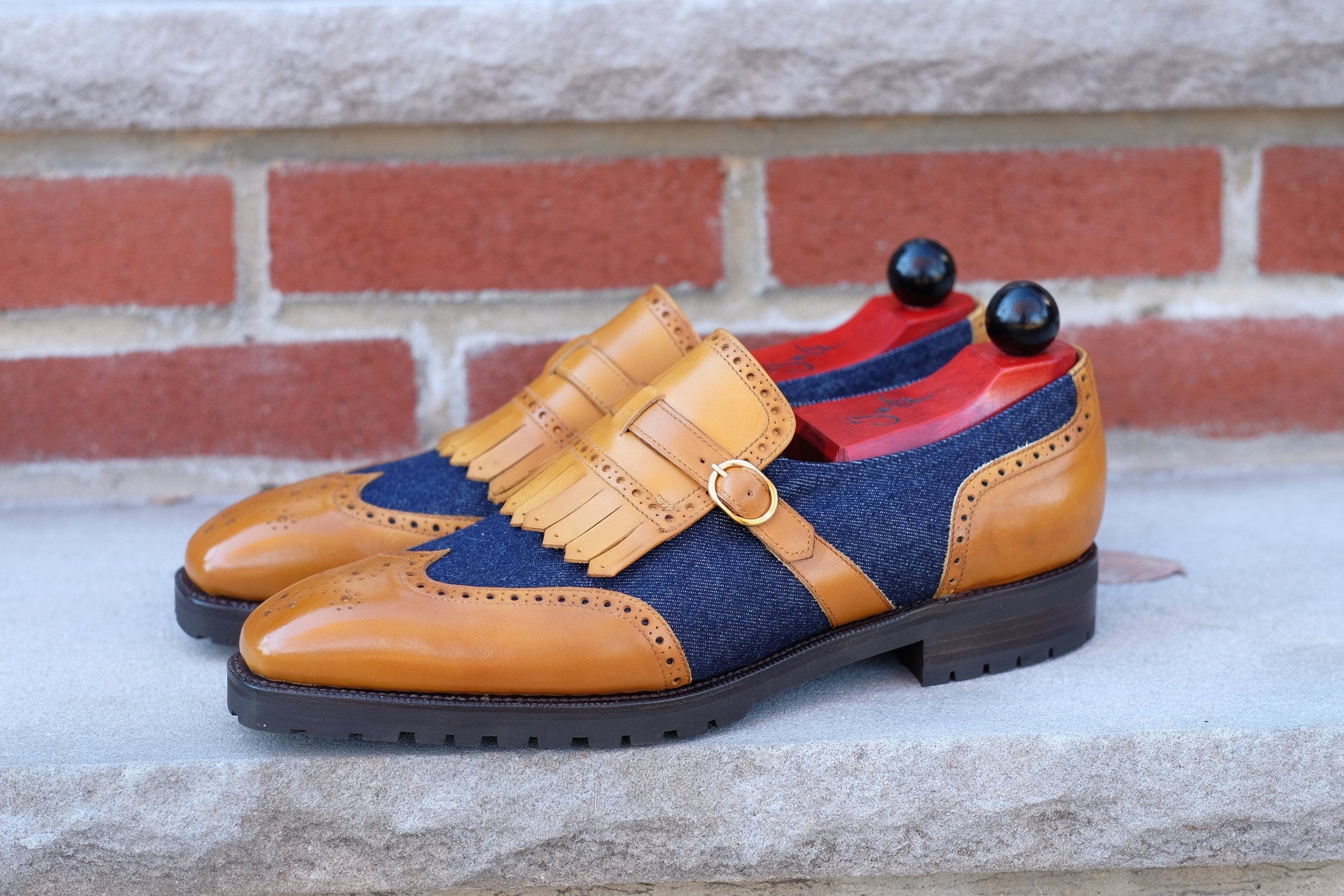 Camano MTO - Shaded Tan Calf / Denim-Made To Order Single Monkstrap Medallion-J.FitzPatrick Footwear
