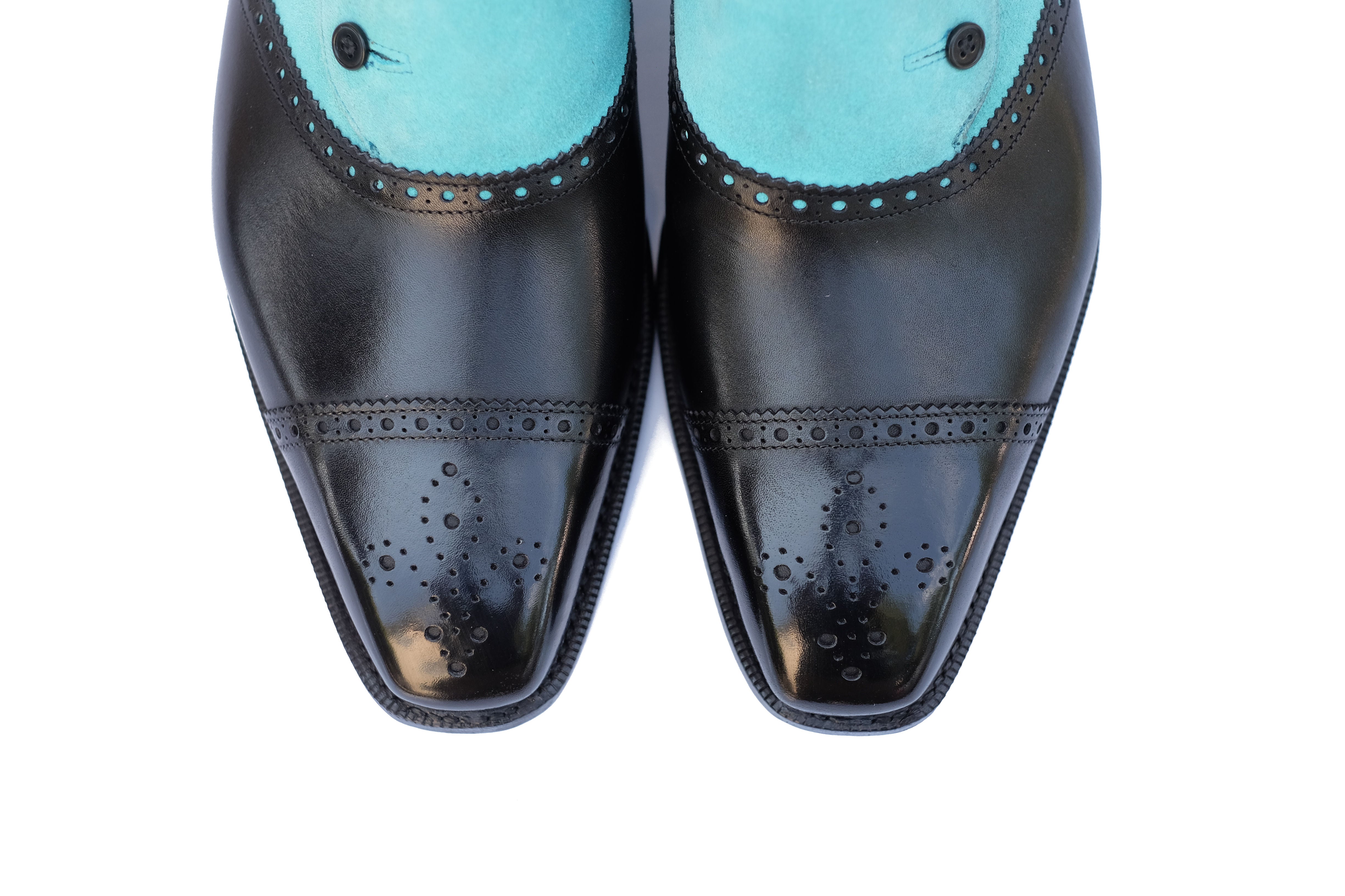 Cyril - MTO - Black Calf / Aqua Suede - MGF Last - Single Leather Sole-Made To Order Button Shoe Cap Toe Brogue-J.FitzPatrick Footwear