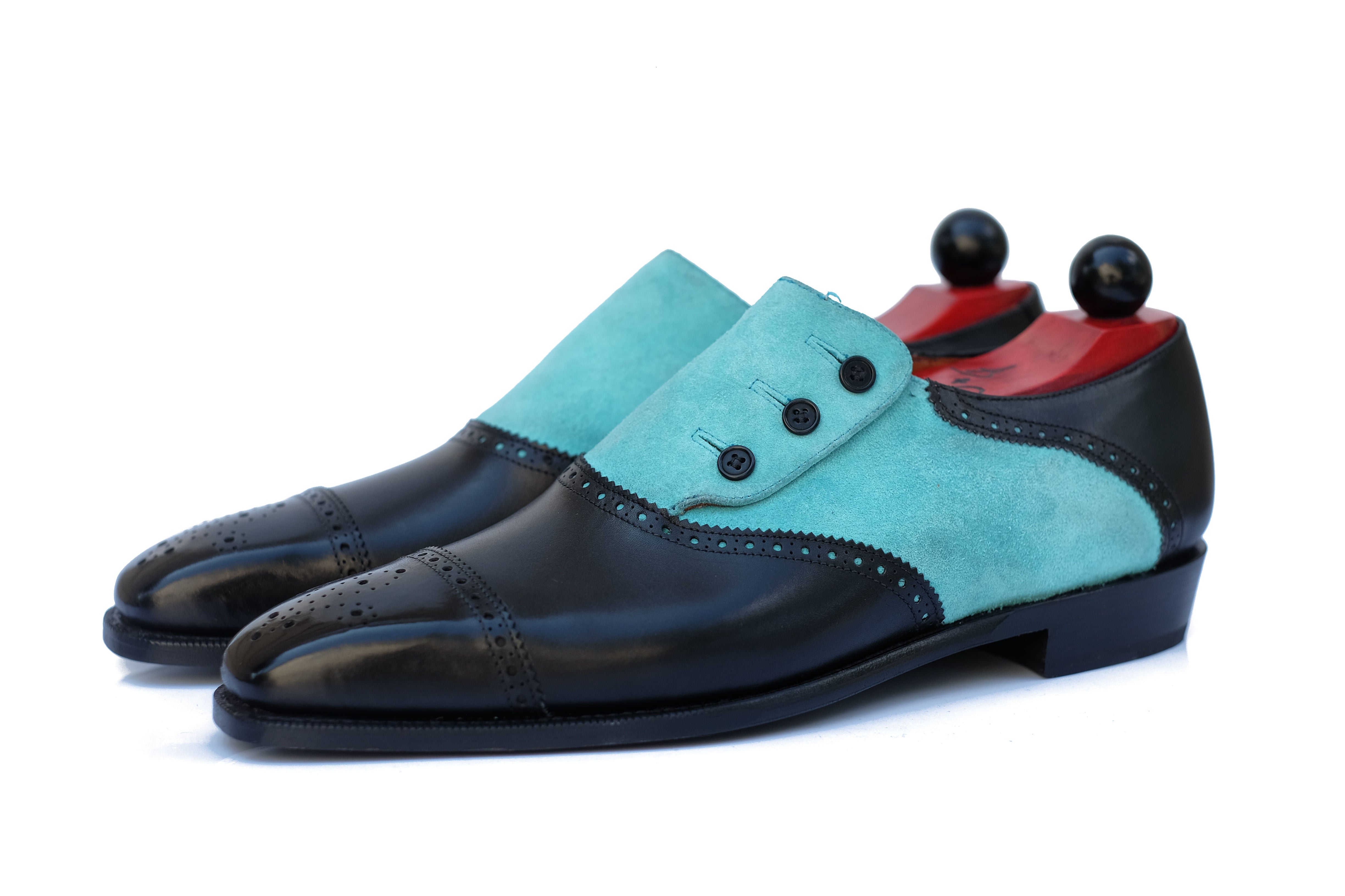 Cyril - MTO - Black Calf / Aqua Suede - MGF Last - Single Leather Sole-Made To Order Button Shoe Cap Toe Brogue-J.FitzPatrick Footwear