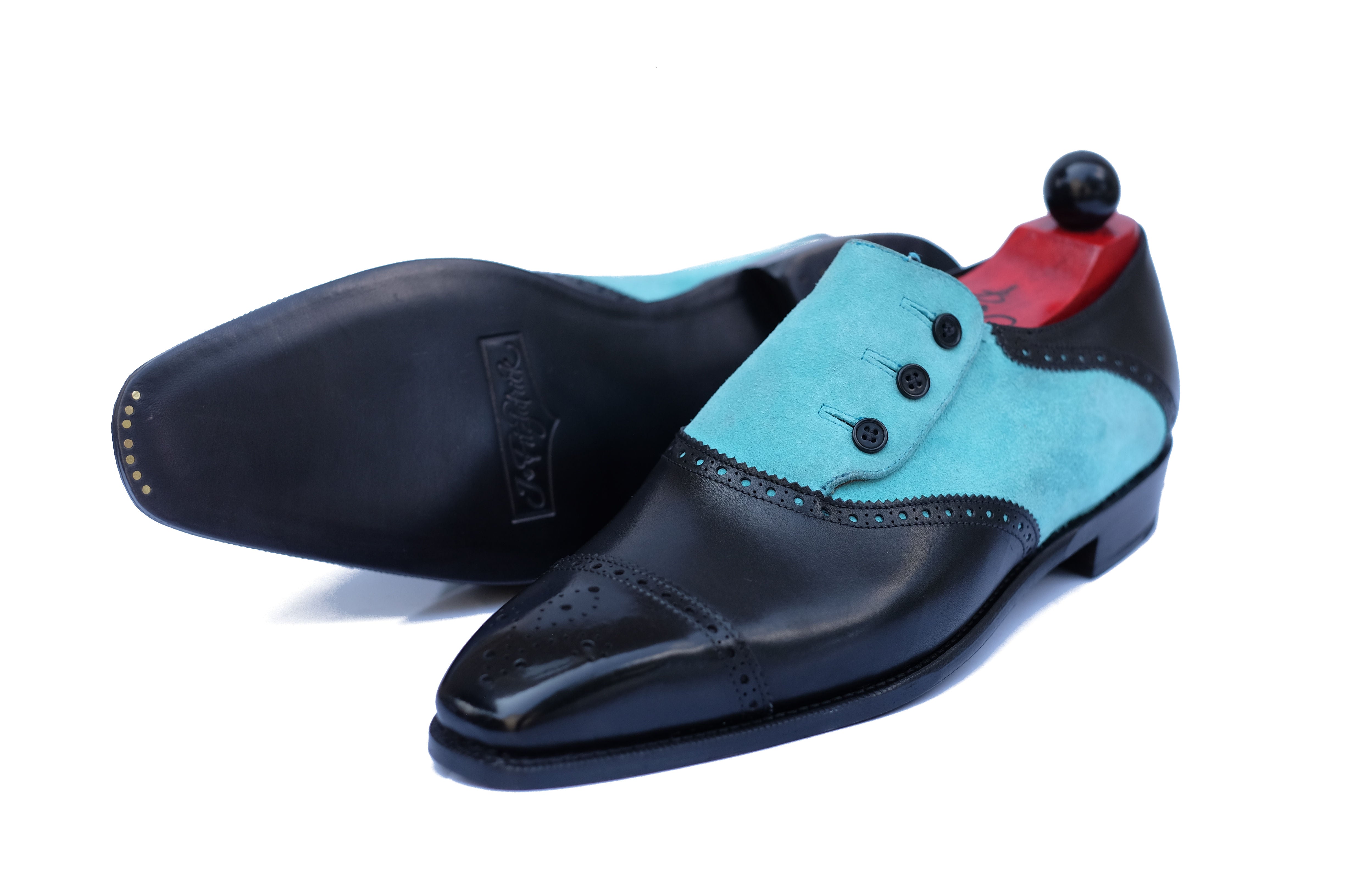 Cyril - MTO - Black Calf / Aqua Suede - MGF Last - Single Leather Sole-Made To Order Button Shoe Cap Toe Brogue-J.FitzPatrick Footwear