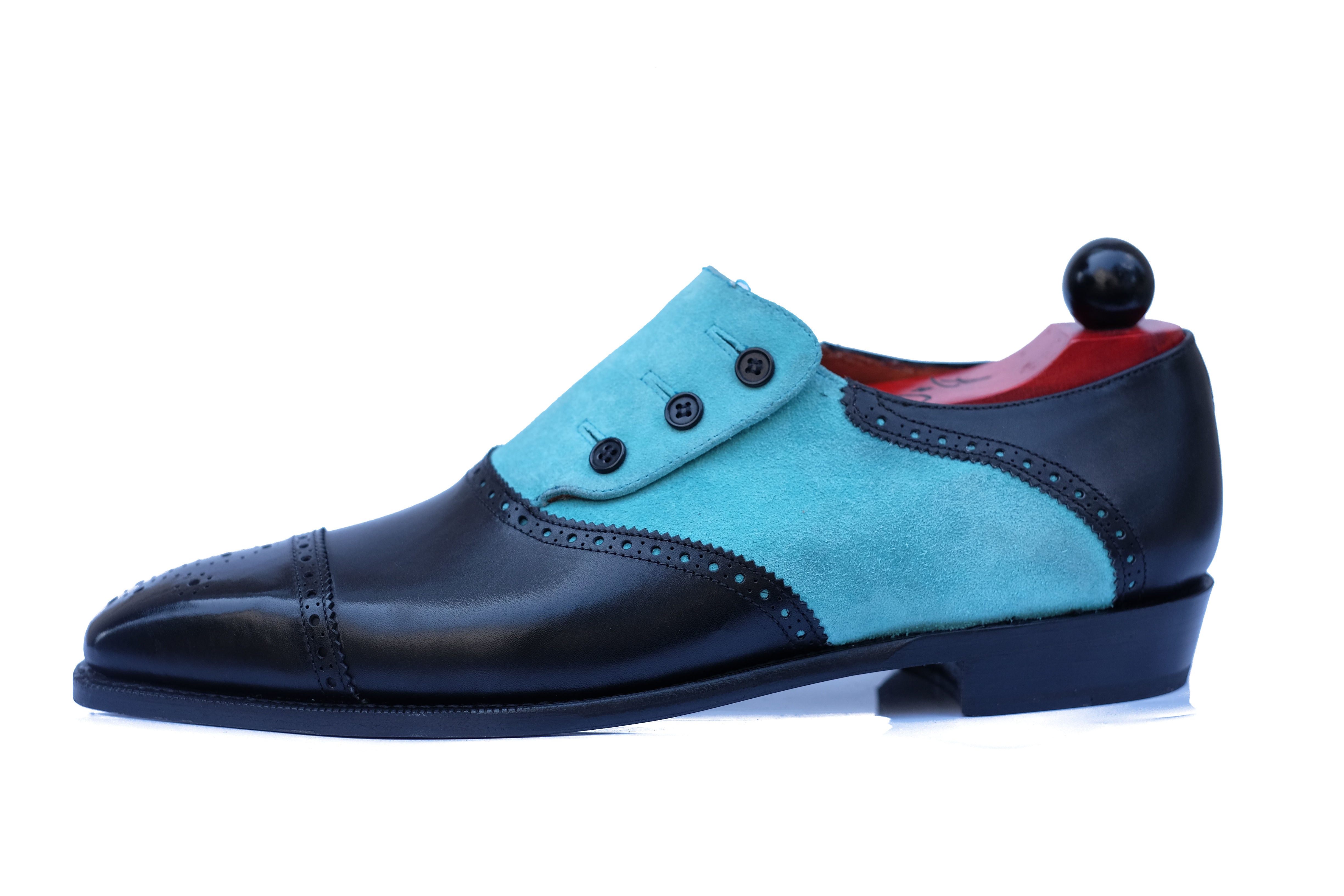 Cyril - MTO - Black Calf / Aqua Suede - MGF Last - Single Leather Sole-Made To Order Button Shoe Cap Toe Brogue-J.FitzPatrick Footwear