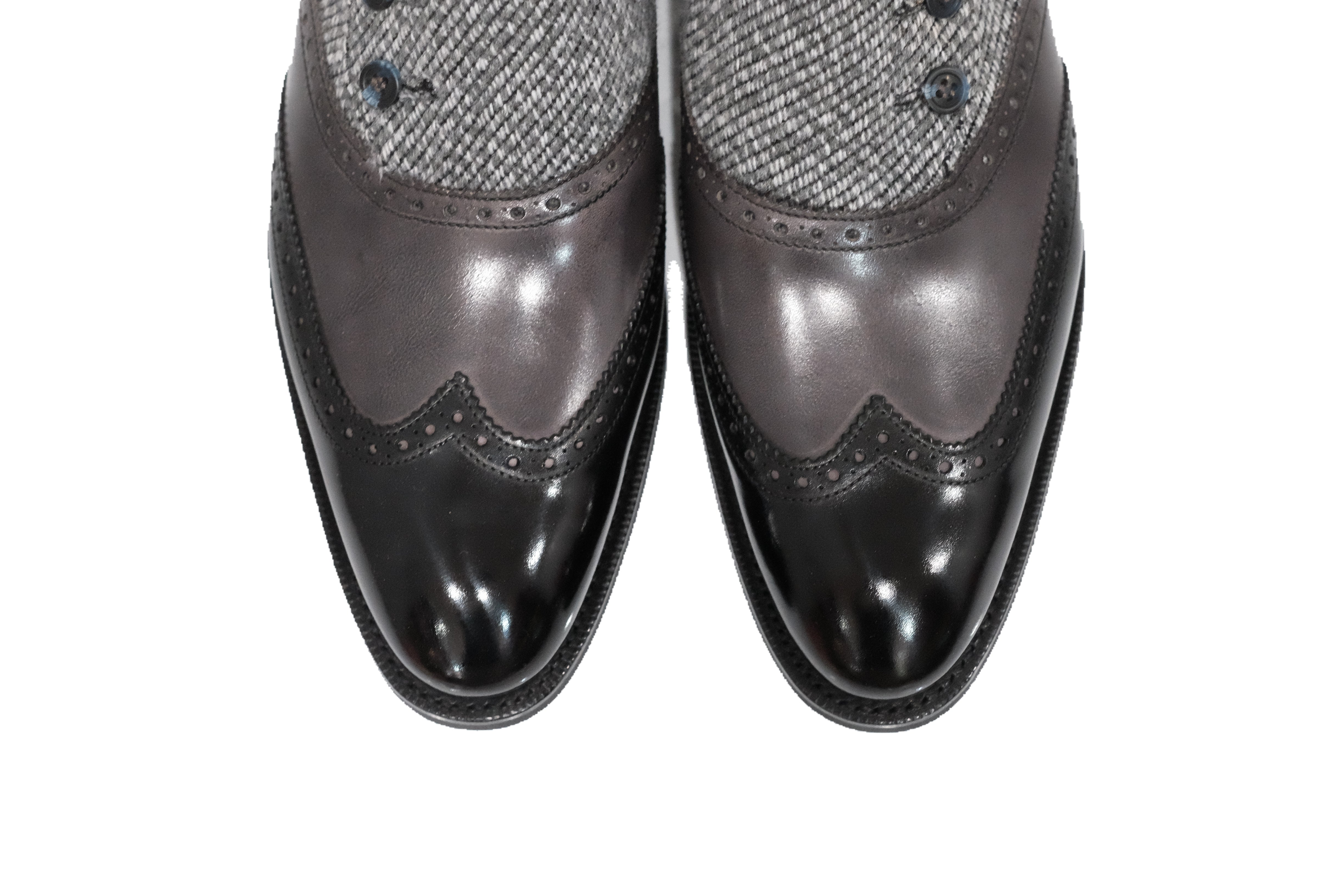Dorai - MTO - Black Calf / Shaded Grey Calf / Grey Poulsbo - NGT Last - Blue Buttons - Country Rubber Sole-Made To Order Button Shoe Wingtip Brogue-J.FitzPatrick Footwear
