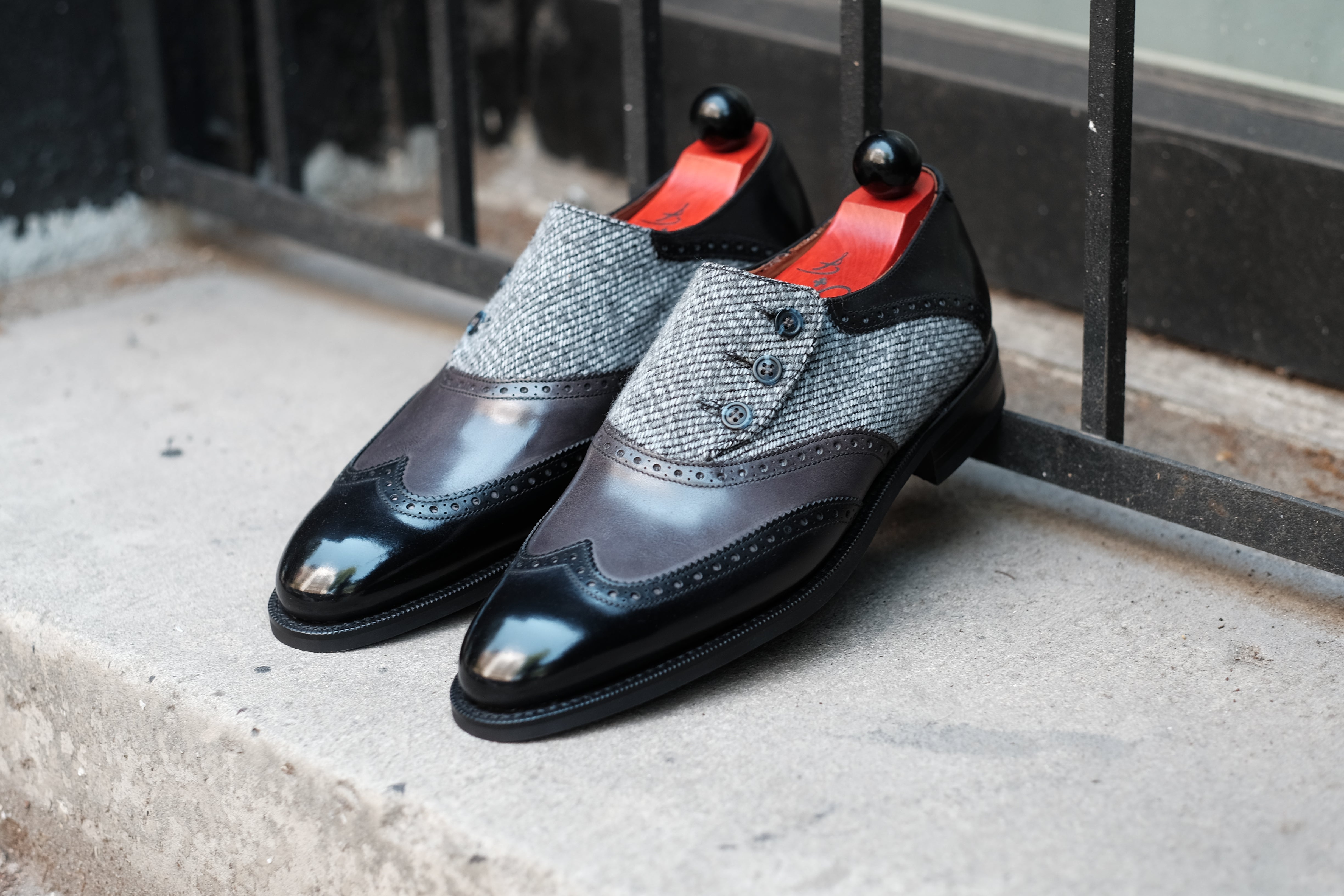 Dorai - MTO - Black Calf / Shaded Grey Calf / Grey Poulsbo - NGT Last - Blue Buttons - Country Rubber Sole-Made To Order Button Shoe Wingtip Brogue-J.FitzPatrick Footwear