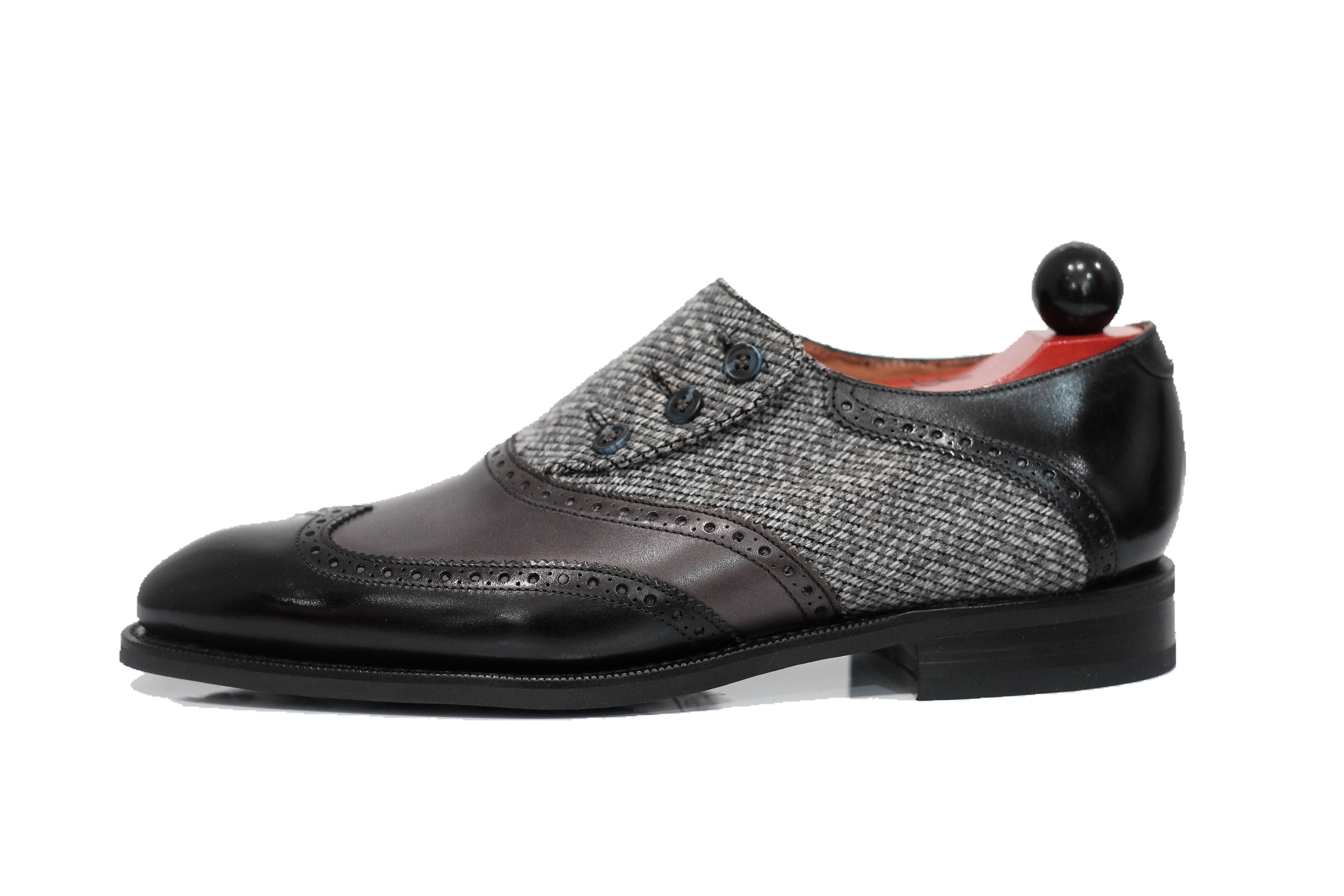 Dorai - MTO - Black Calf / Shaded Grey Calf / Grey Poulsbo - NGT Last - Blue Buttons - Country Rubber Sole-Made To Order Button Shoe Wingtip Brogue-J.FitzPatrick Footwear