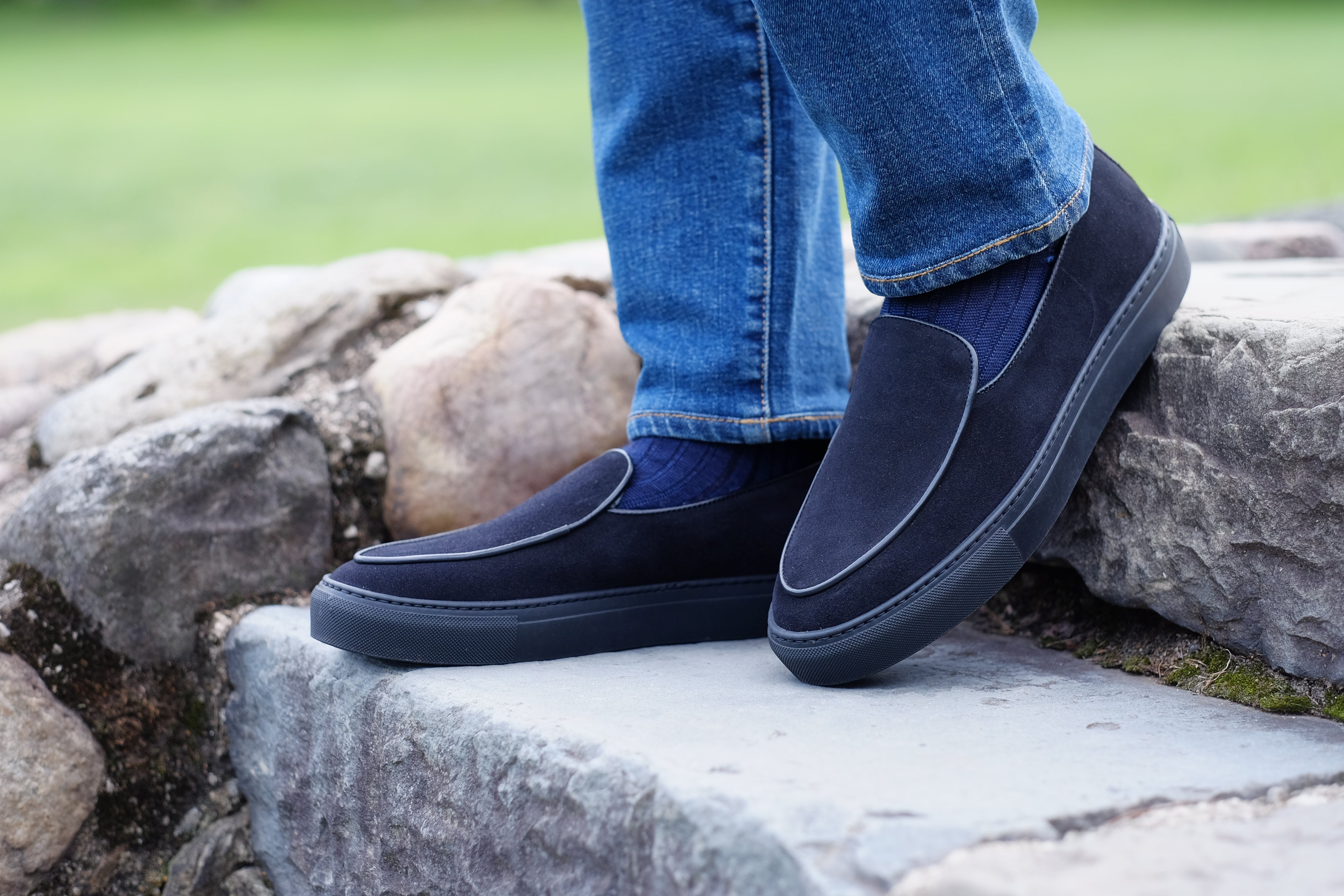 Ellensburg - Black Suede / Black Calf Piping - PRE SALE-Slip On Sneakers-J.FitzPatrick Footwear