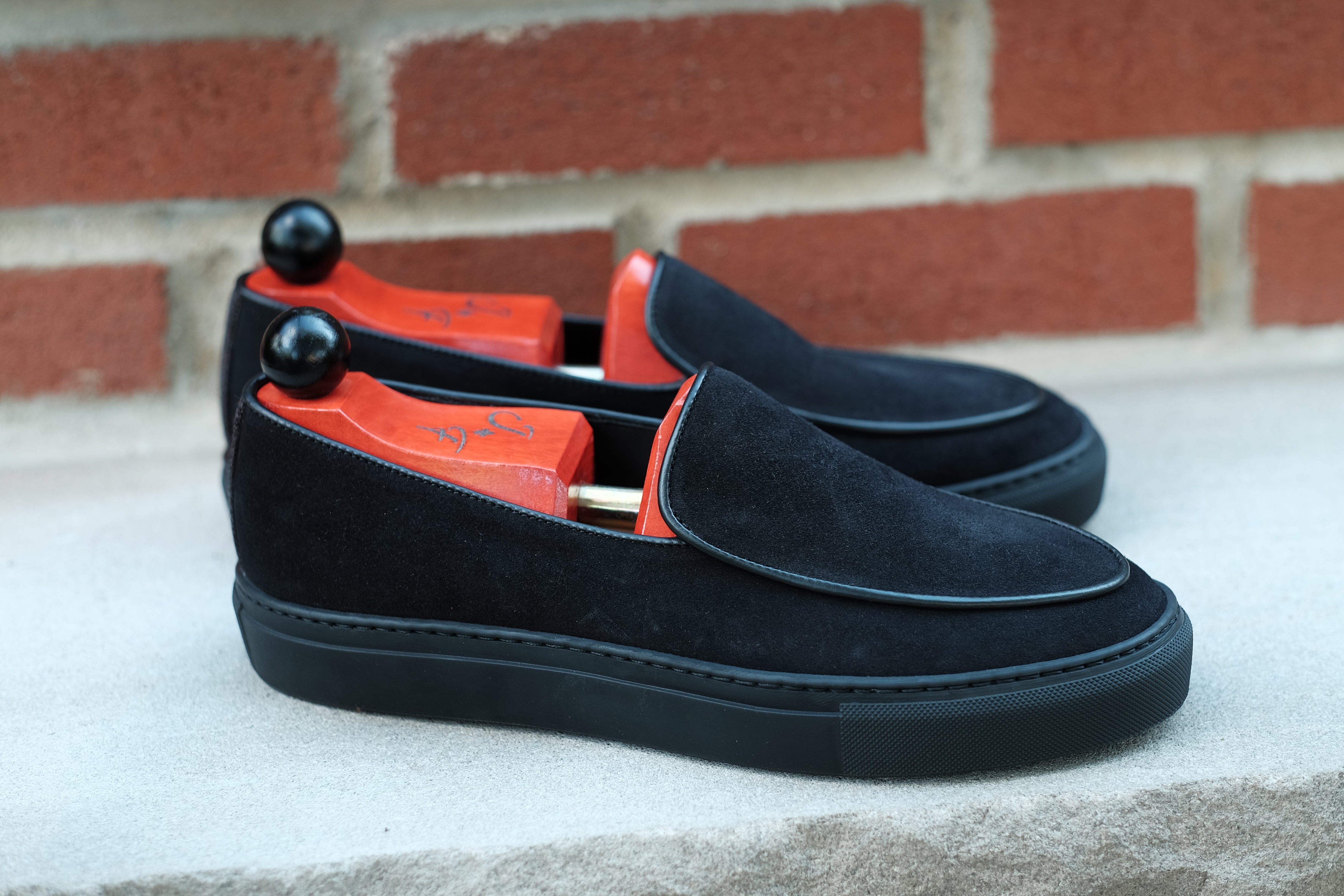 Ellensburg - Black Suede / Black Calf Piping - PRE SALE-Slip On Sneakers-J.FitzPatrick Footwear