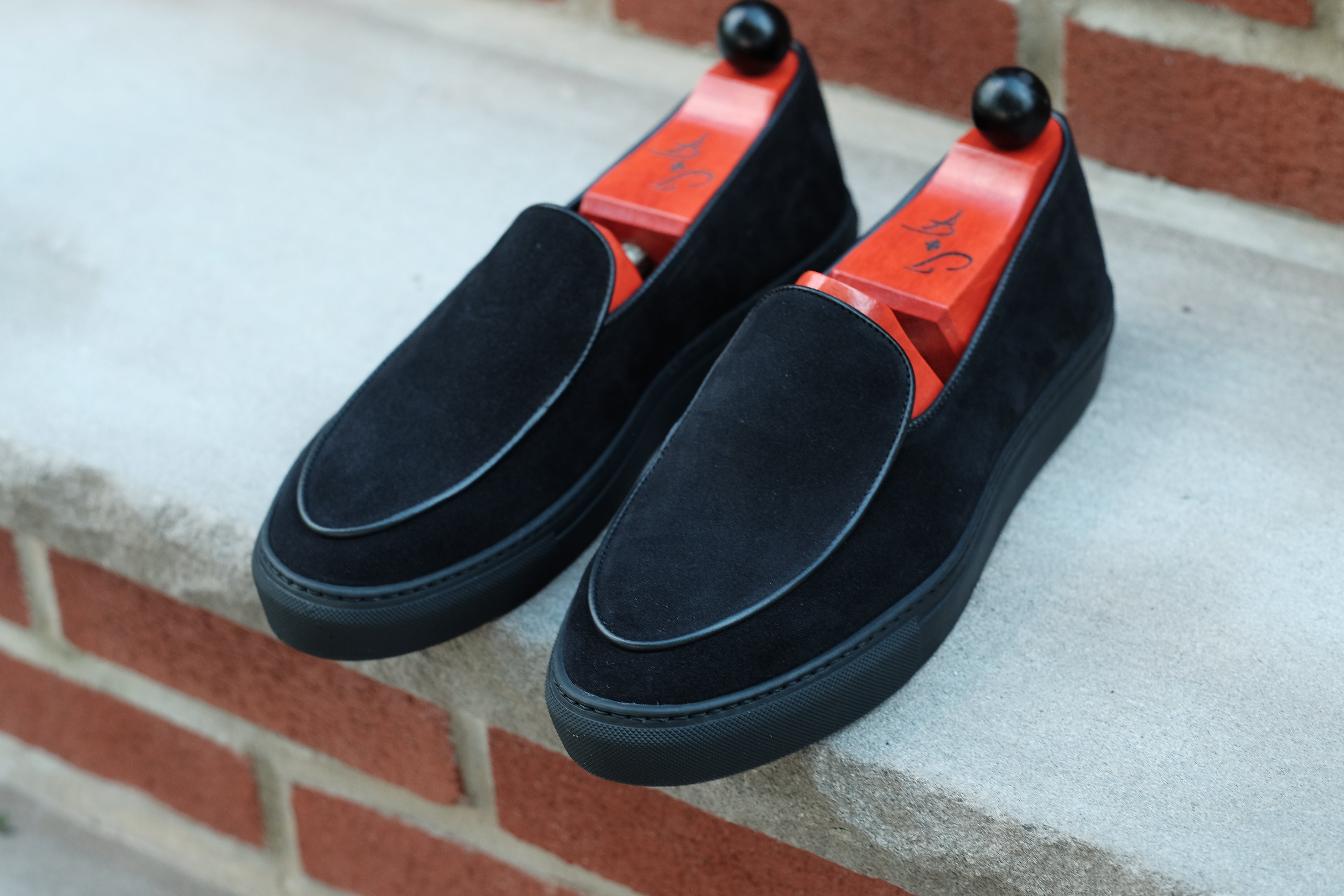 Ellensburg - Black Suede / Black Calf Piping - PRE SALE-Slip On Sneakers-J.FitzPatrick Footwear