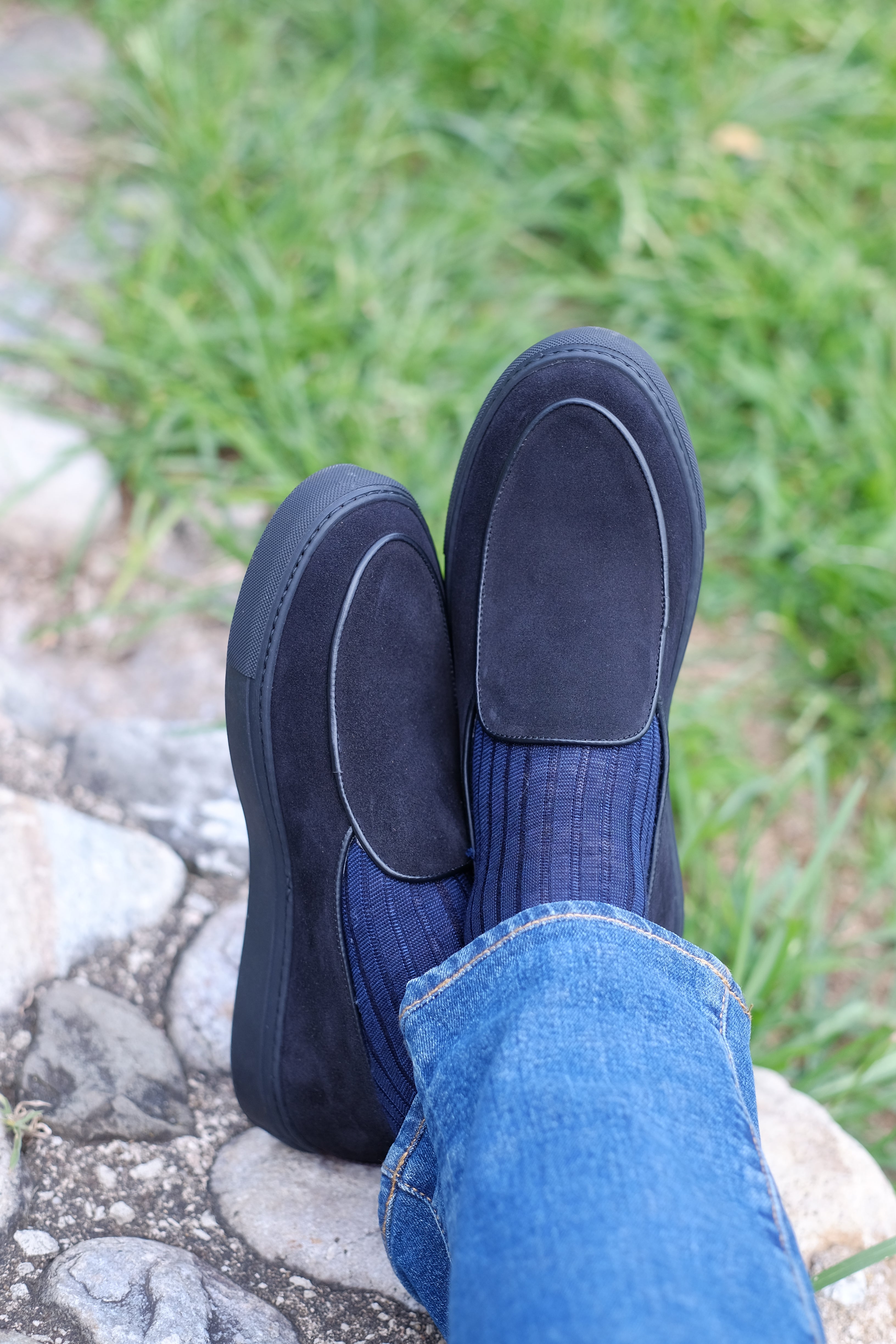 Ellensburg - Black Suede / Black Calf Piping - PRE SALE-Slip On Sneakers-J.FitzPatrick Footwear