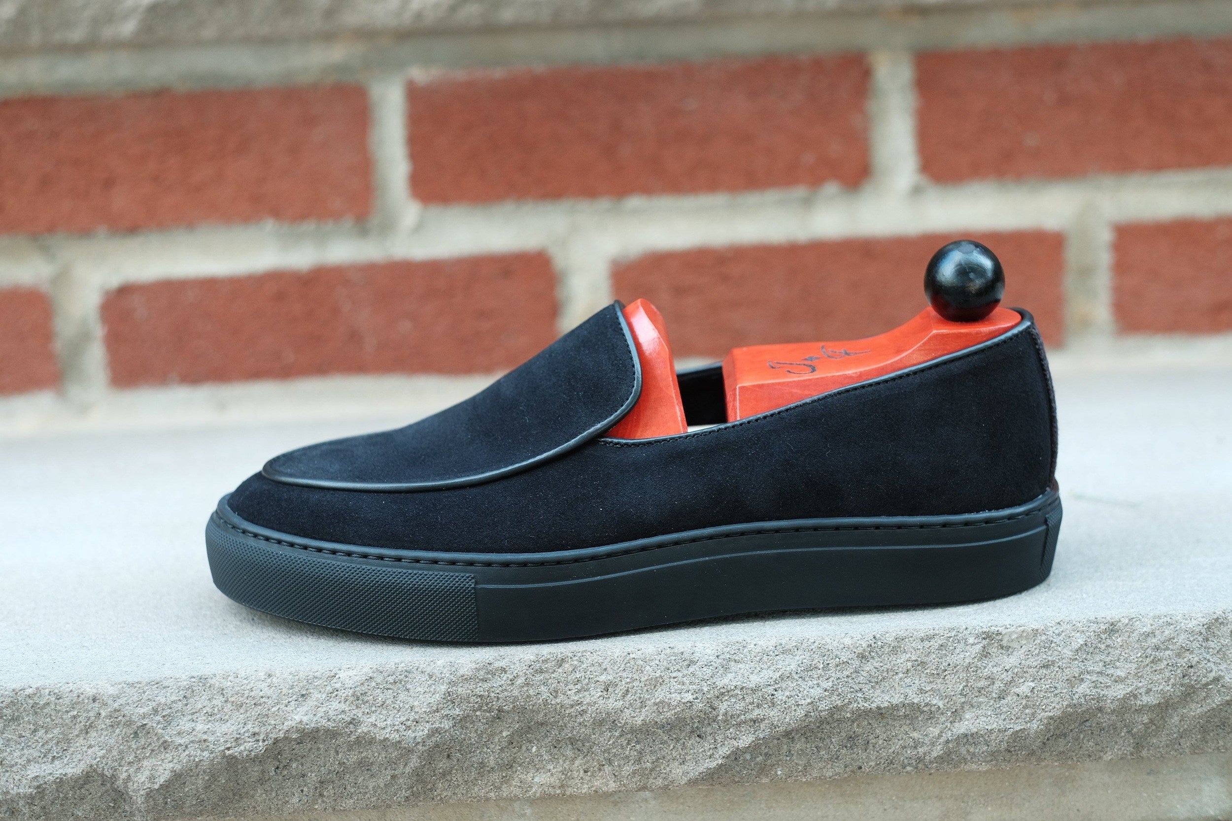 Ellensburg - Black Suede / Black Calf Piping - PRE SALE-Slip On Sneakers-J.FitzPatrick Footwear