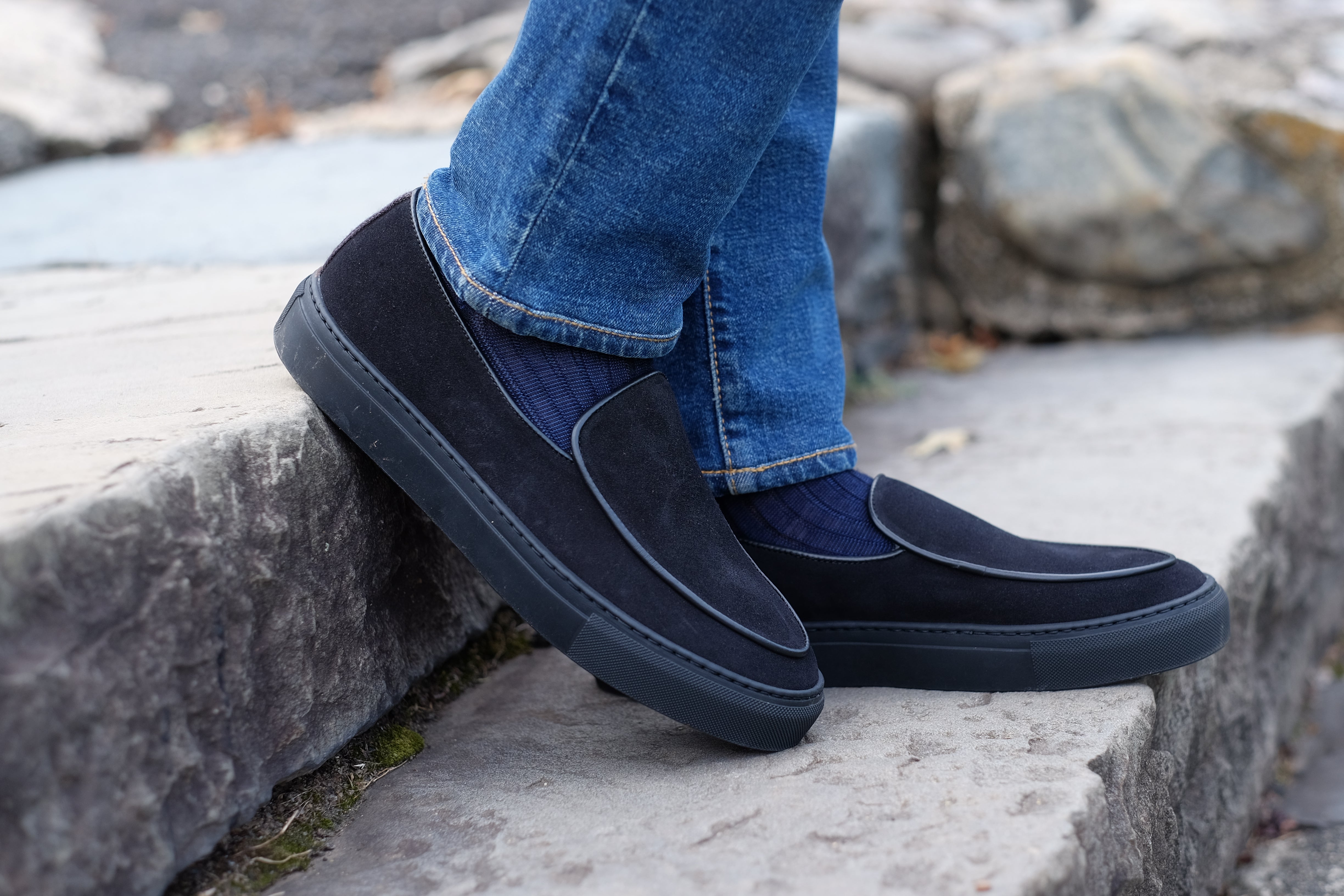 Ellensburg - Black Suede / Black Calf Piping - PRE SALE-Slip On Sneakers-J.FitzPatrick Footwear