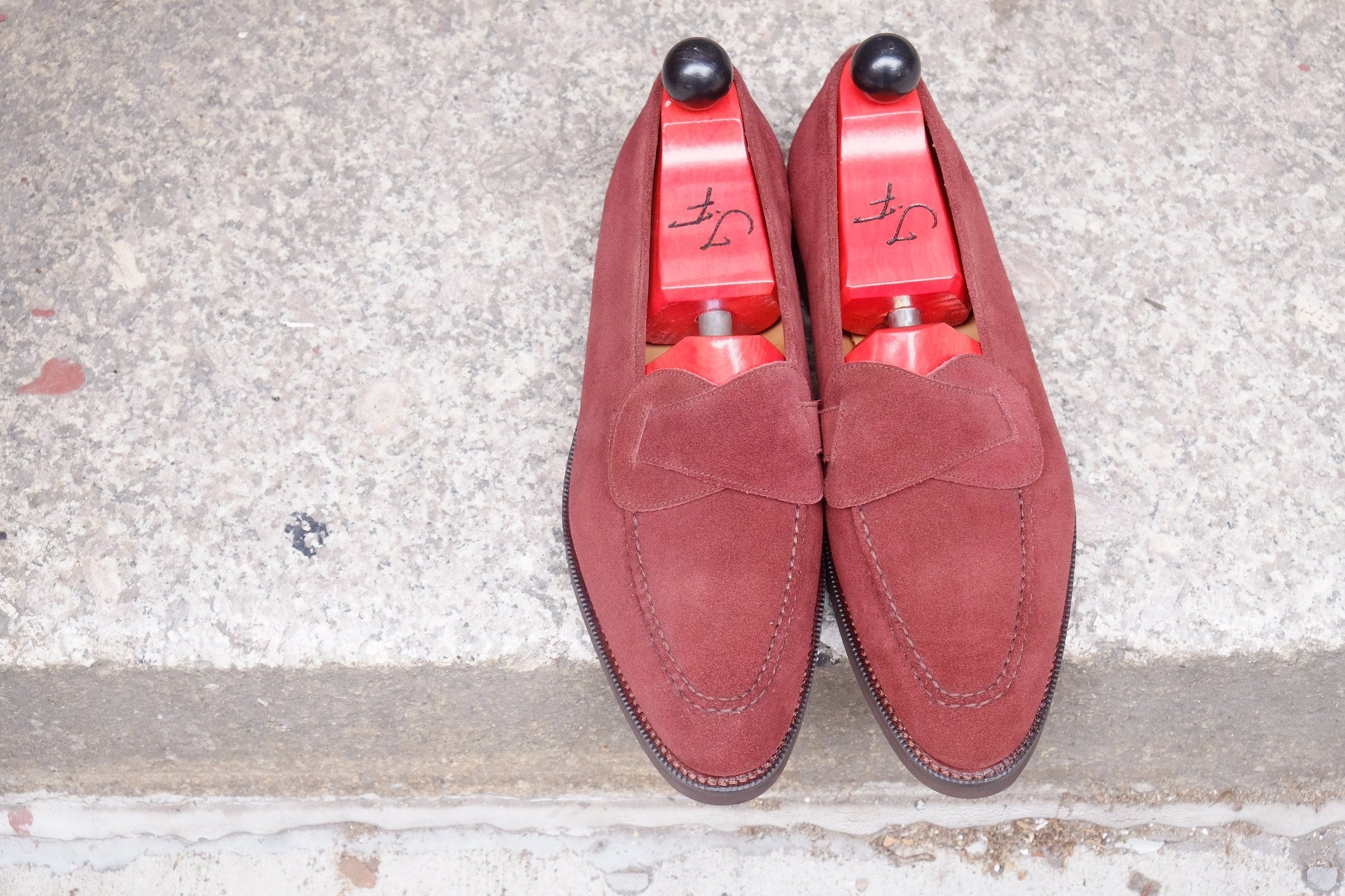 Hawthorne - MTO - Burgundy Suede - TMG Last - Double Country Rubber Sole-Made To Order Butterfly Loafer Hand Stitched-J.FitzPatrick Footwear