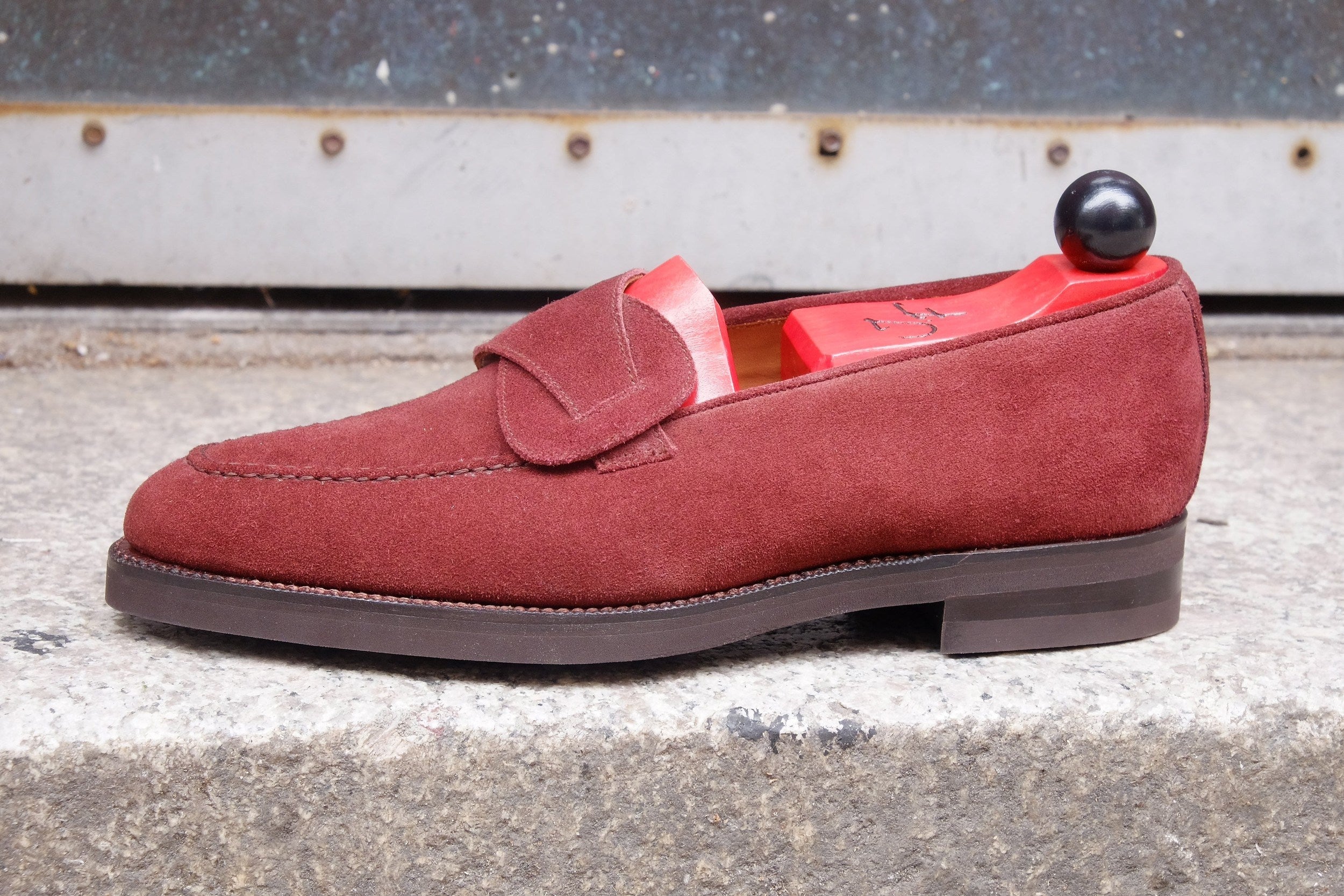Hawthorne - MTO - Burgundy Suede - TMG Last - Double Country Rubber Sole-Made To Order Butterfly Loafer Hand Stitched-J.FitzPatrick Footwear