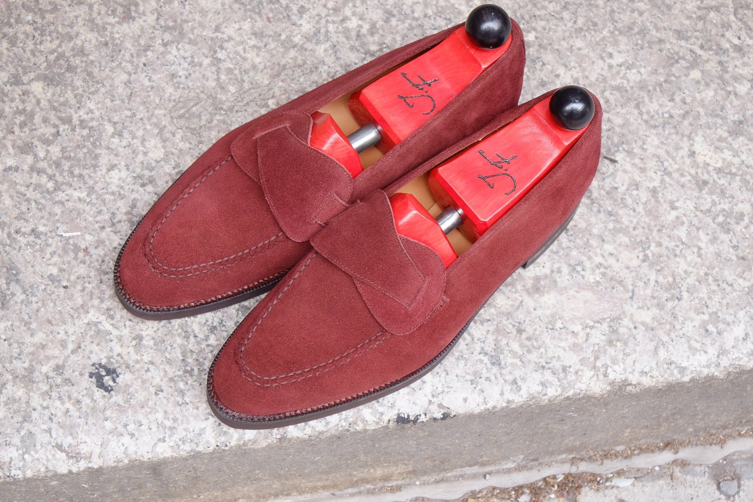Hawthorne - MTO - Burgundy Suede - TMG Last - Double Country Rubber Sole-Made To Order Butterfly Loafer Hand Stitched-J.FitzPatrick Footwear