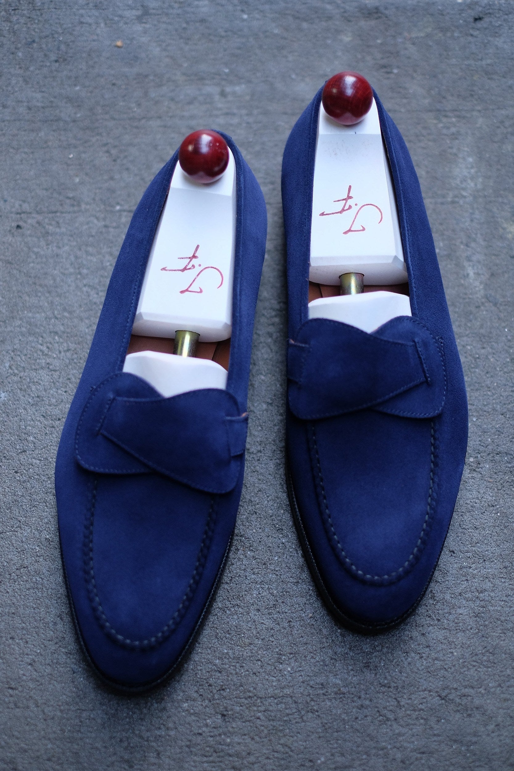 Hawthorne - MTO - Midnight Blue Suede - TMG Last - Single Leather Sole-Made To Order Butterfly Loafer Hand Stitched-J.FitzPatrick Footwear