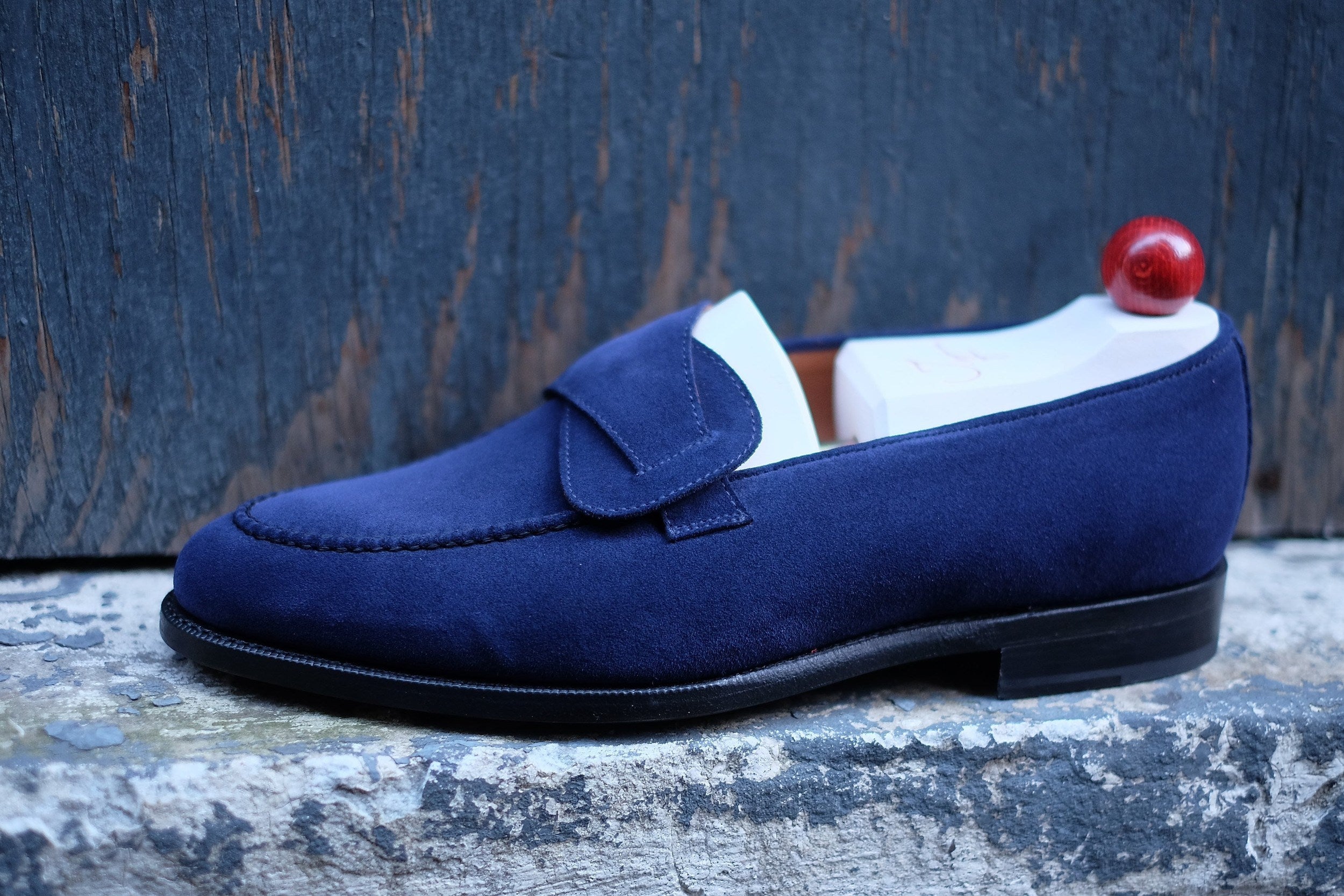 Hawthorne - MTO - Midnight Blue Suede - TMG Last - Single Leather Sole-Made To Order Butterfly Loafer Hand Stitched-J.FitzPatrick Footwear