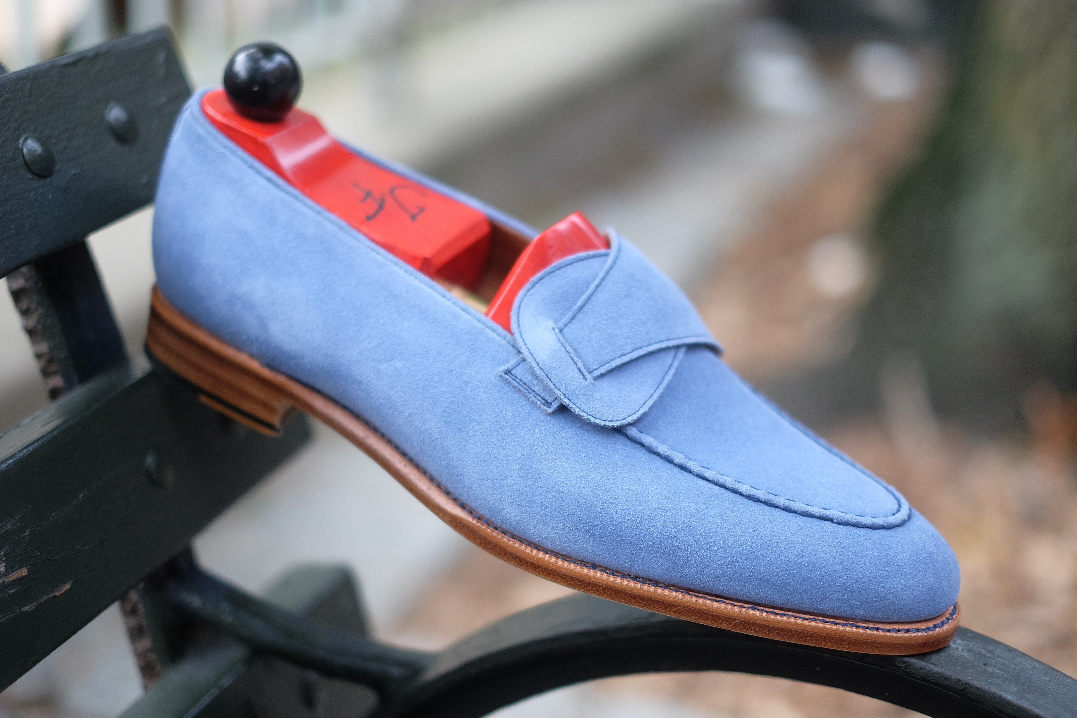 Hawthorne - MTO - Powder Blue Suede - Natural Edge Trim - TMG Last - Single Leather Sole-Made To Order Butterfly Loafer Hand Stitched-J.FitzPatrick Footwear