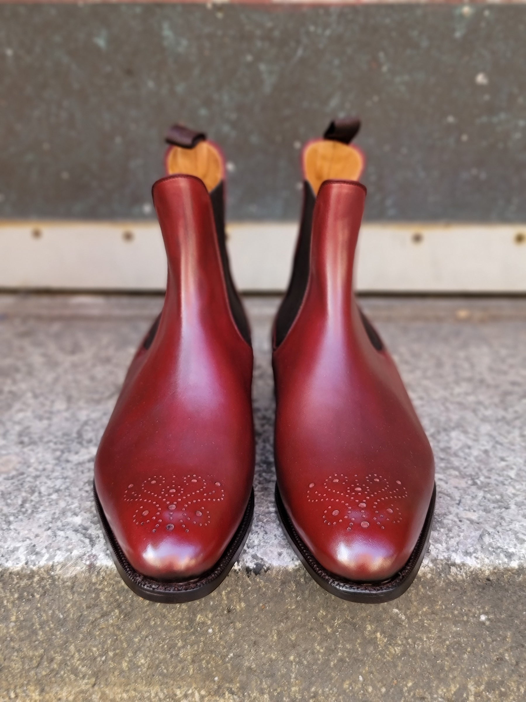Highland - MTO - Burgundy Calf - NGT Last - Single Leather Sole-Made To Order Chelsea Boot Medallion-J.FitzPatrick Footwear