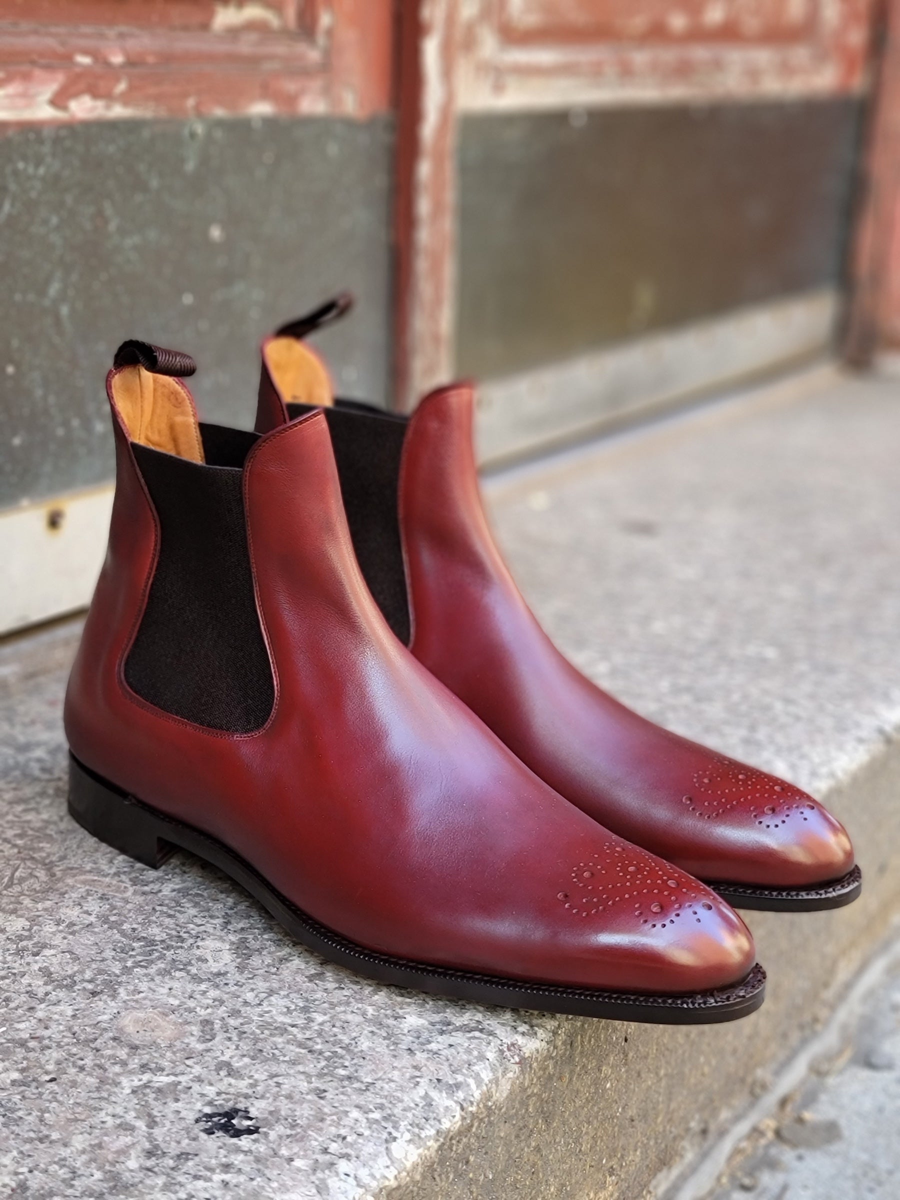Highland - MTO - Burgundy Calf - NGT Last - Single Leather Sole-Made To Order Chelsea Boot Medallion-J.FitzPatrick Footwear