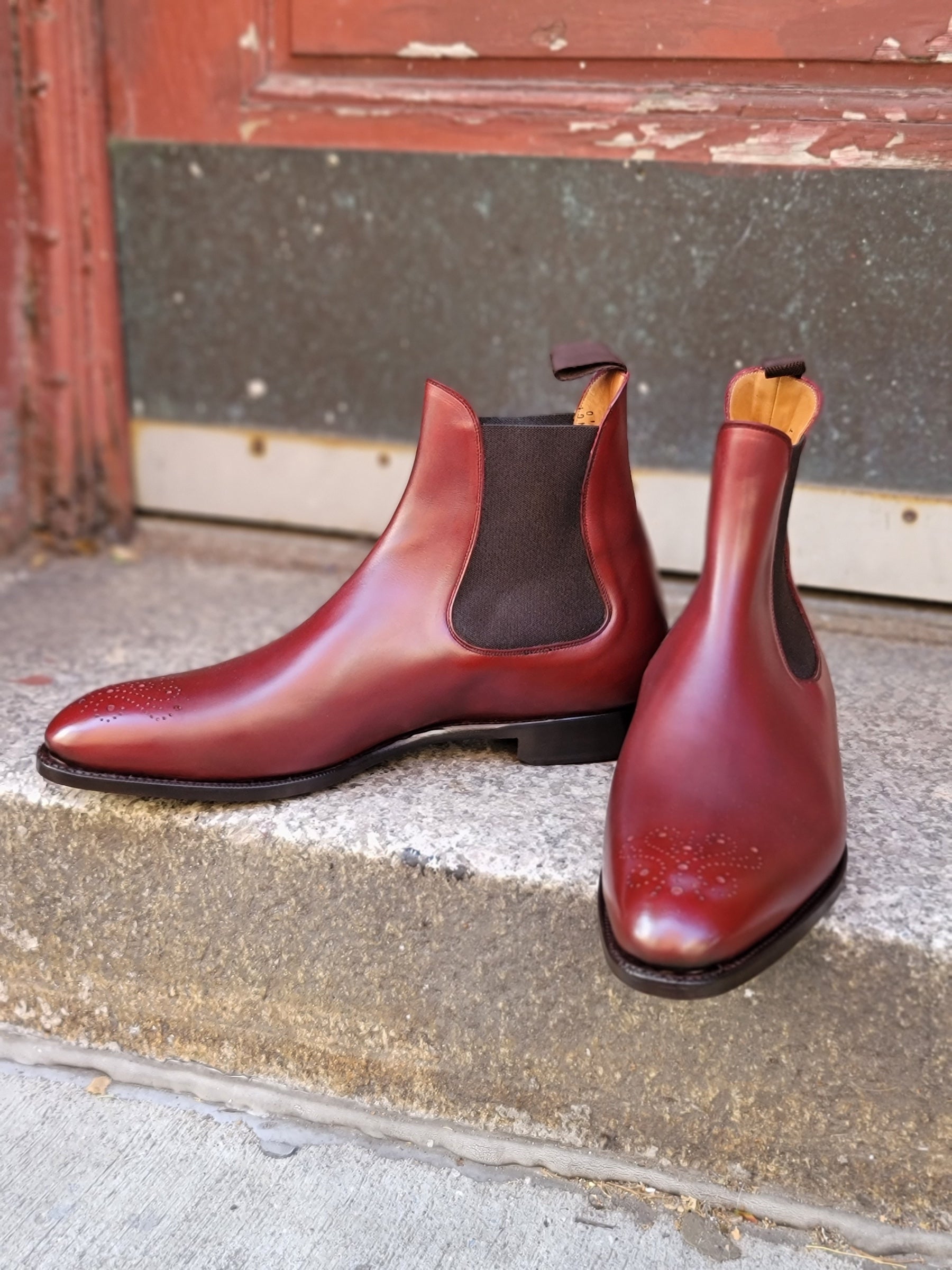 Highland - MTO - Burgundy Calf - NGT Last - Single Leather Sole-Made To Order Chelsea Boot Medallion-J.FitzPatrick Footwear