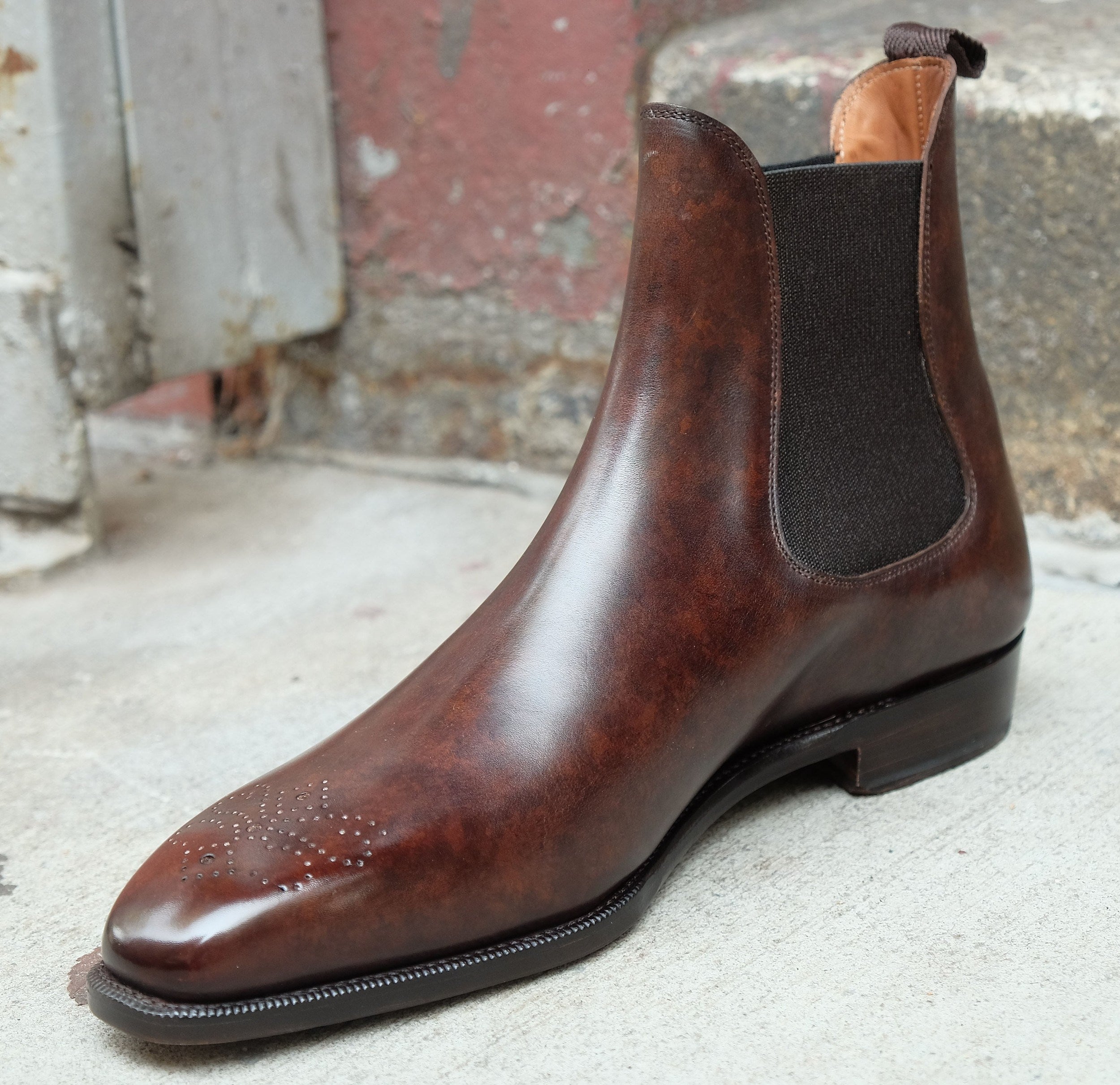 Highland - MTO - Dark Brown Marble Patina - MGF Last - Single Leather Sole-Made To Order Chelsea Boot Medallion-J.FitzPatrick Footwear