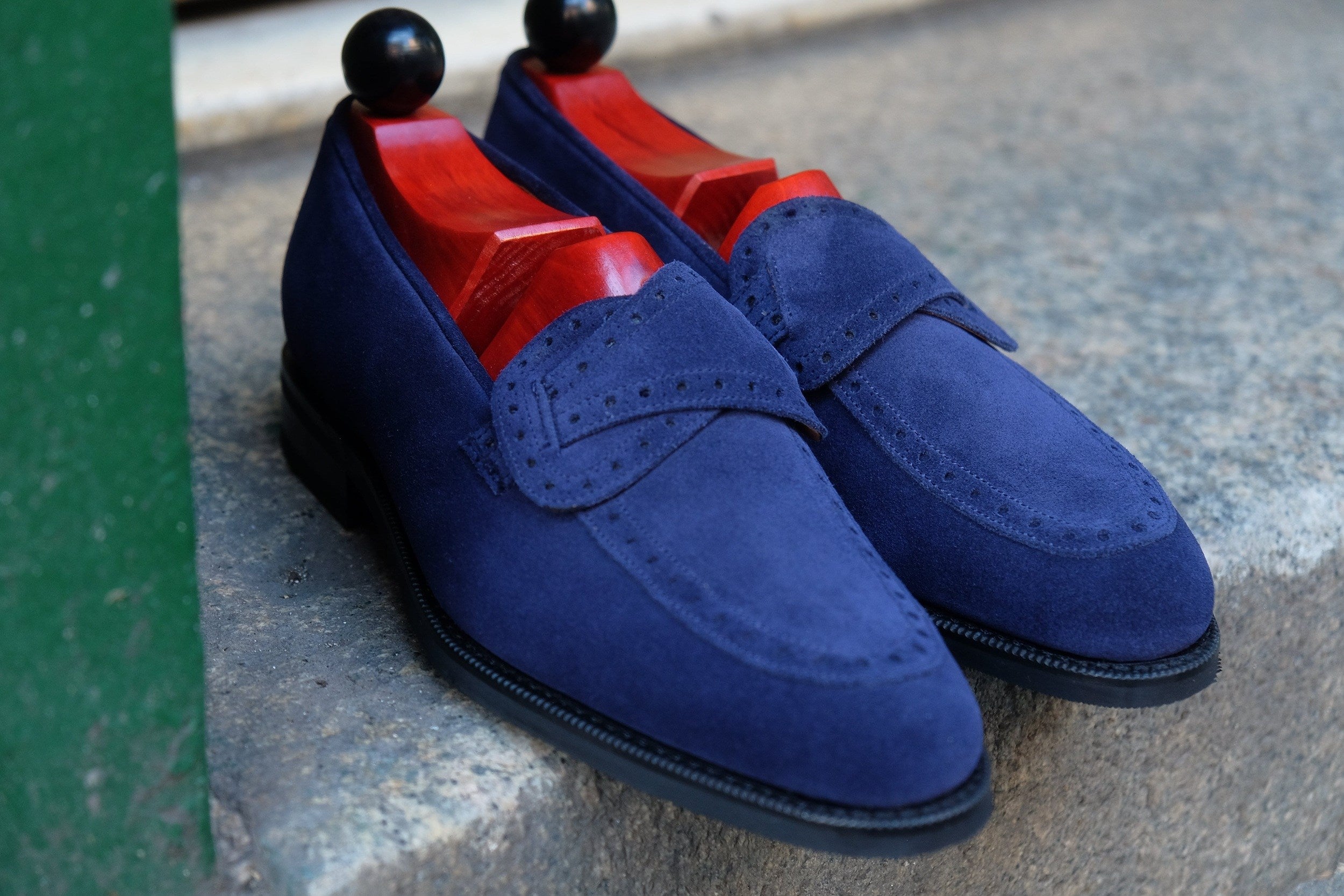 Kennewick - MTO - Dark Blue Suede - TMG Last - Single City Rubber Sole-Made To Order Butterfly Loafer Brogue-J.FitzPatrick Footwear