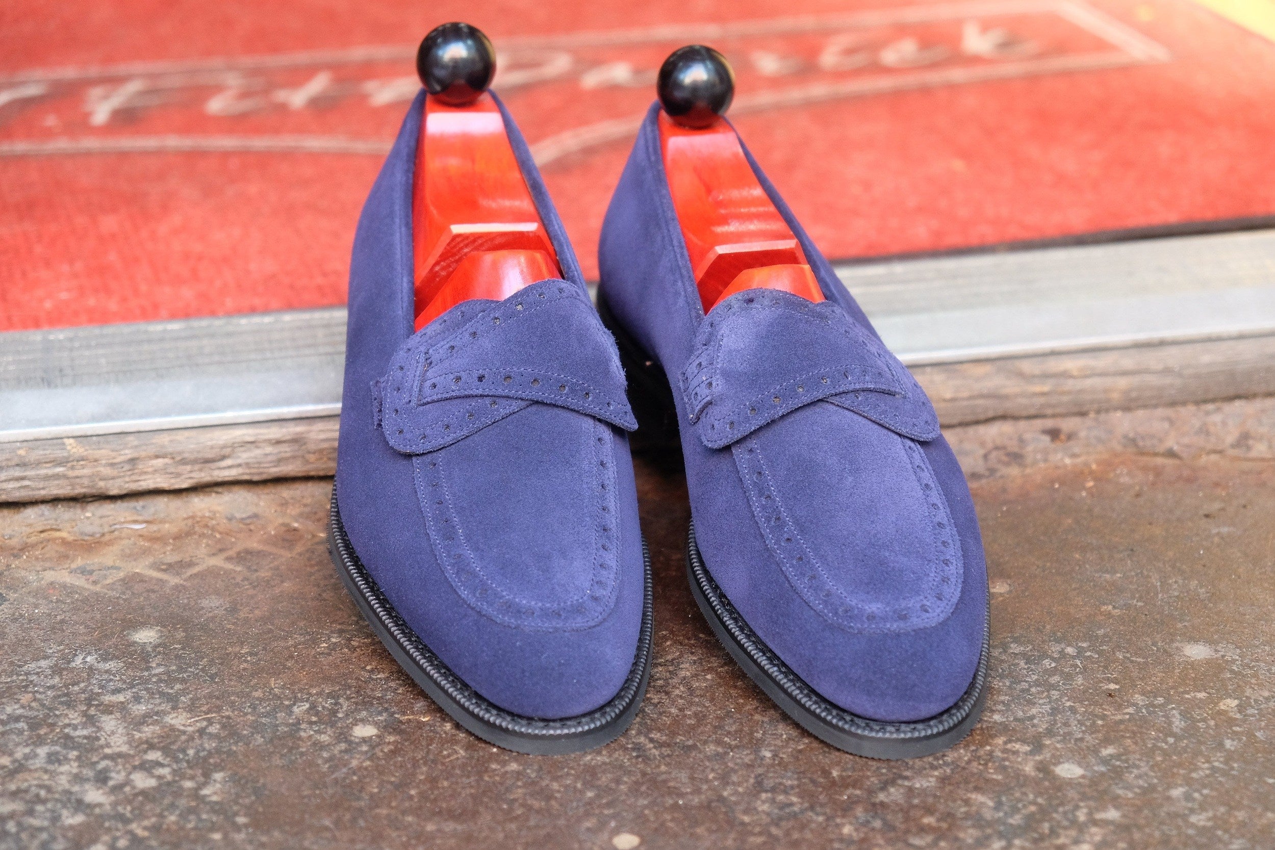Kennewick - MTO - Dark Blue Suede - TMG Last - Single City Rubber Sole-Made To Order Butterfly Loafer Brogue-J.FitzPatrick Footwear
