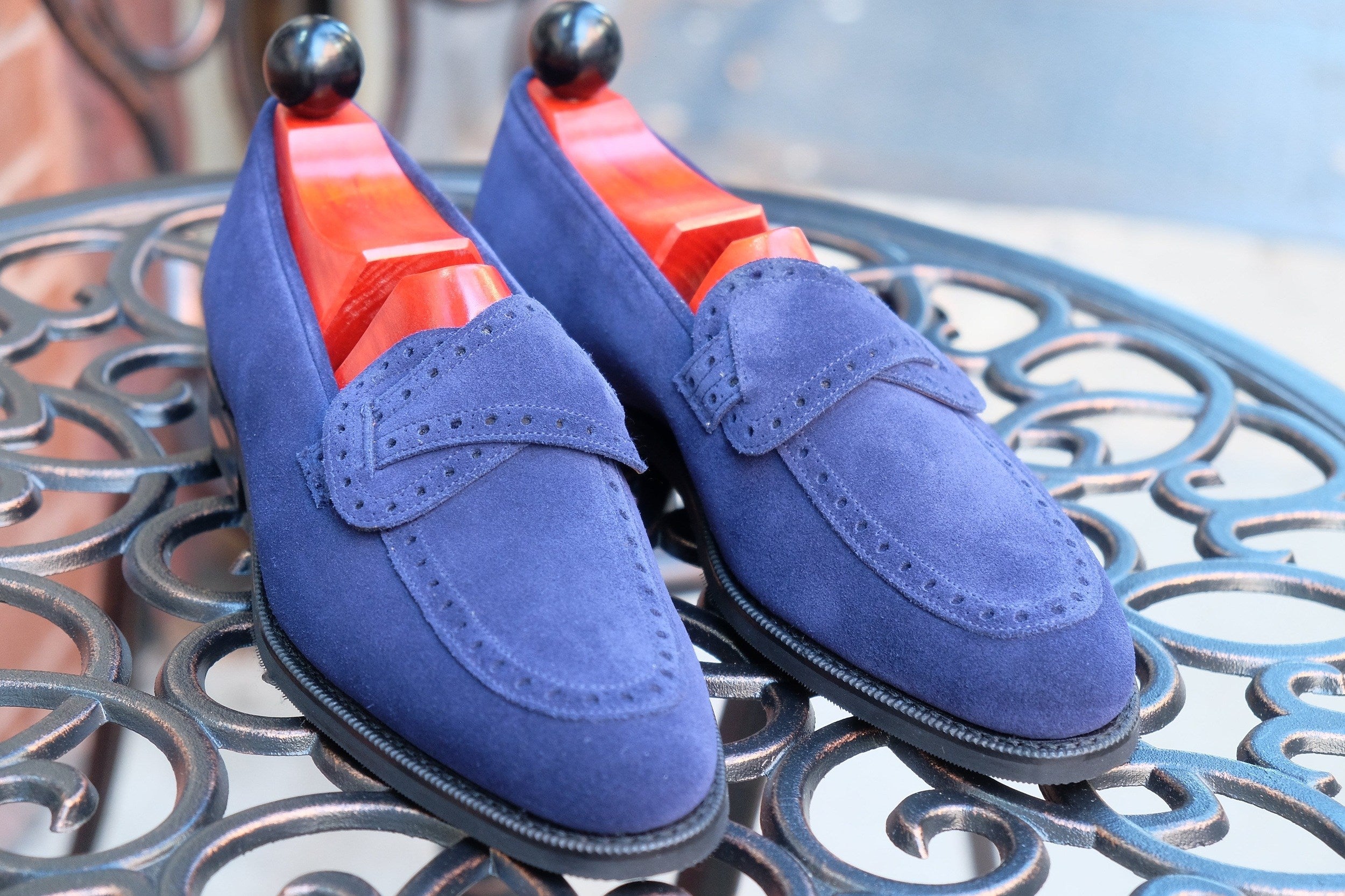 Kennewick - MTO - Dark Blue Suede - TMG Last - Single City Rubber Sole-Made To Order Butterfly Loafer Brogue-J.FitzPatrick Footwear
