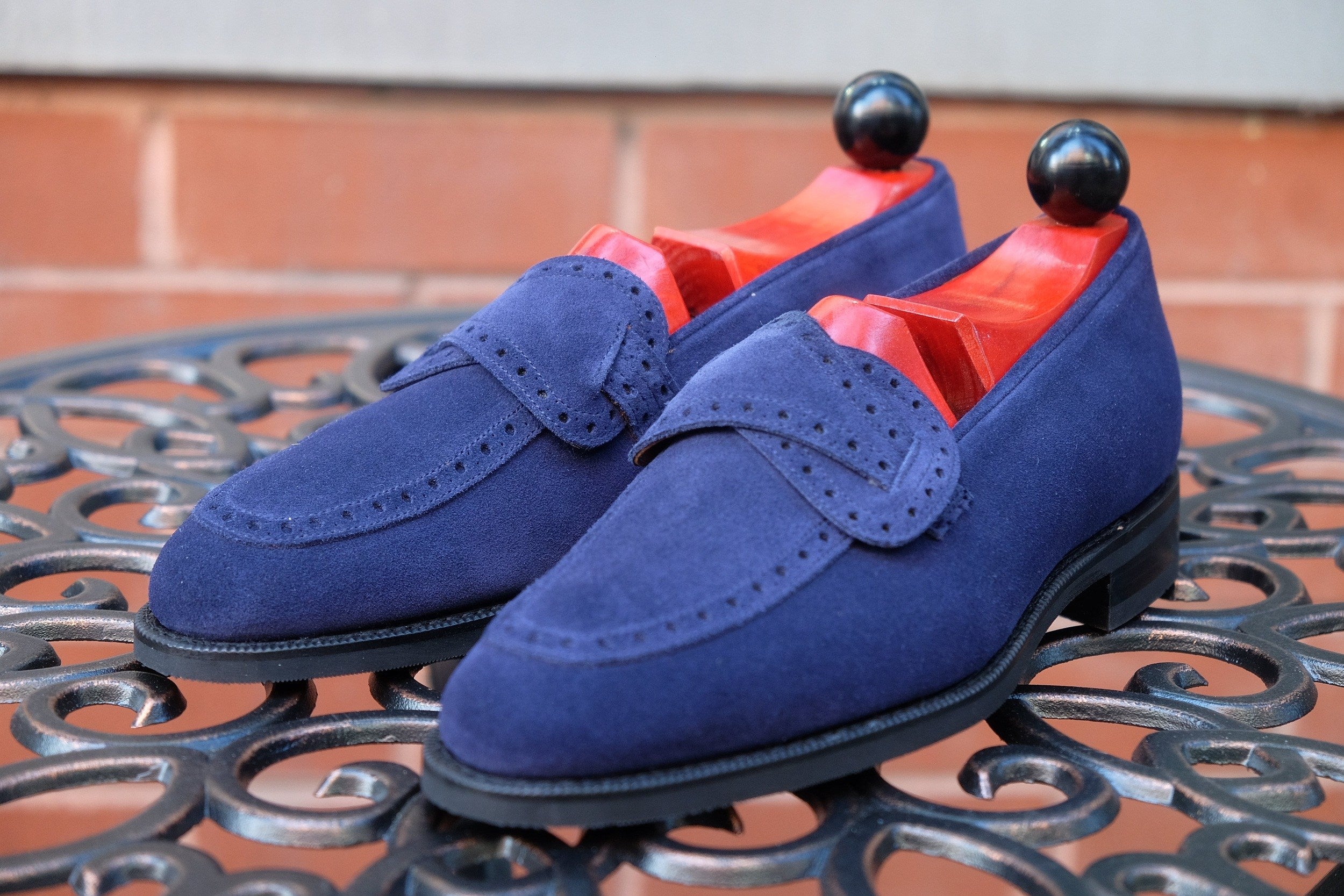 Kennewick - MTO - Dark Blue Suede - TMG Last - Single City Rubber Sole-Made To Order Butterfly Loafer Brogue-J.FitzPatrick Footwear