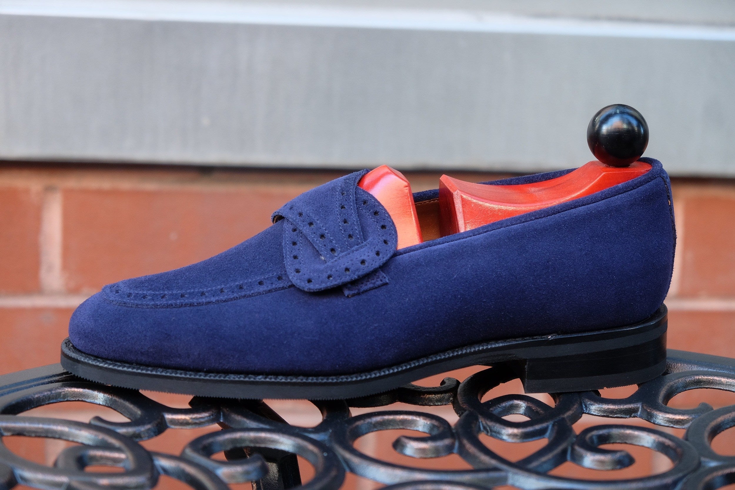 Kennewick - MTO - Dark Blue Suede - TMG Last - Single City Rubber Sole-Made To Order Butterfly Loafer Brogue-J.FitzPatrick Footwear