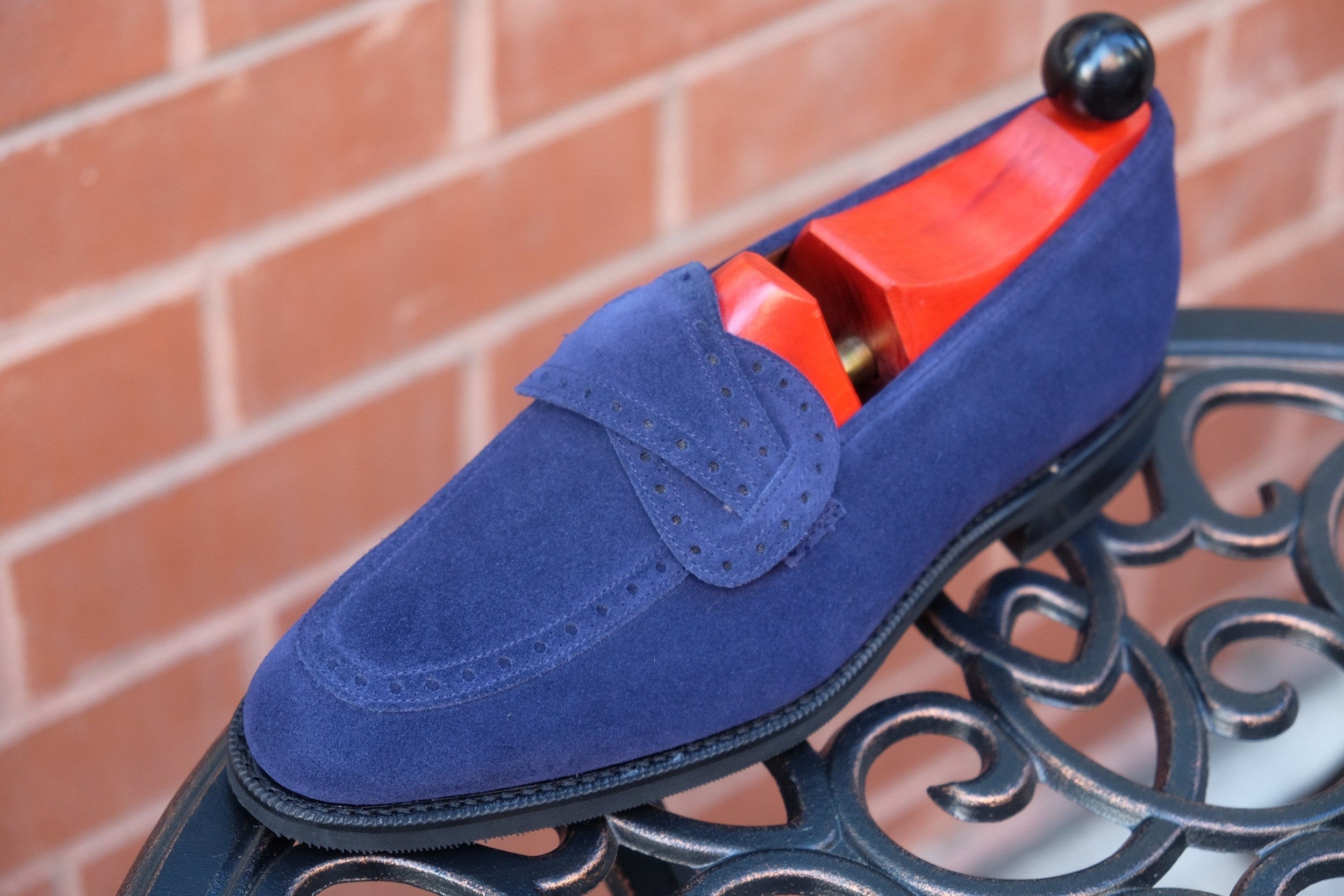 Kennewick - MTO - Dark Blue Suede - TMG Last - Single City Rubber Sole-Made To Order Butterfly Loafer Brogue-J.FitzPatrick Footwear