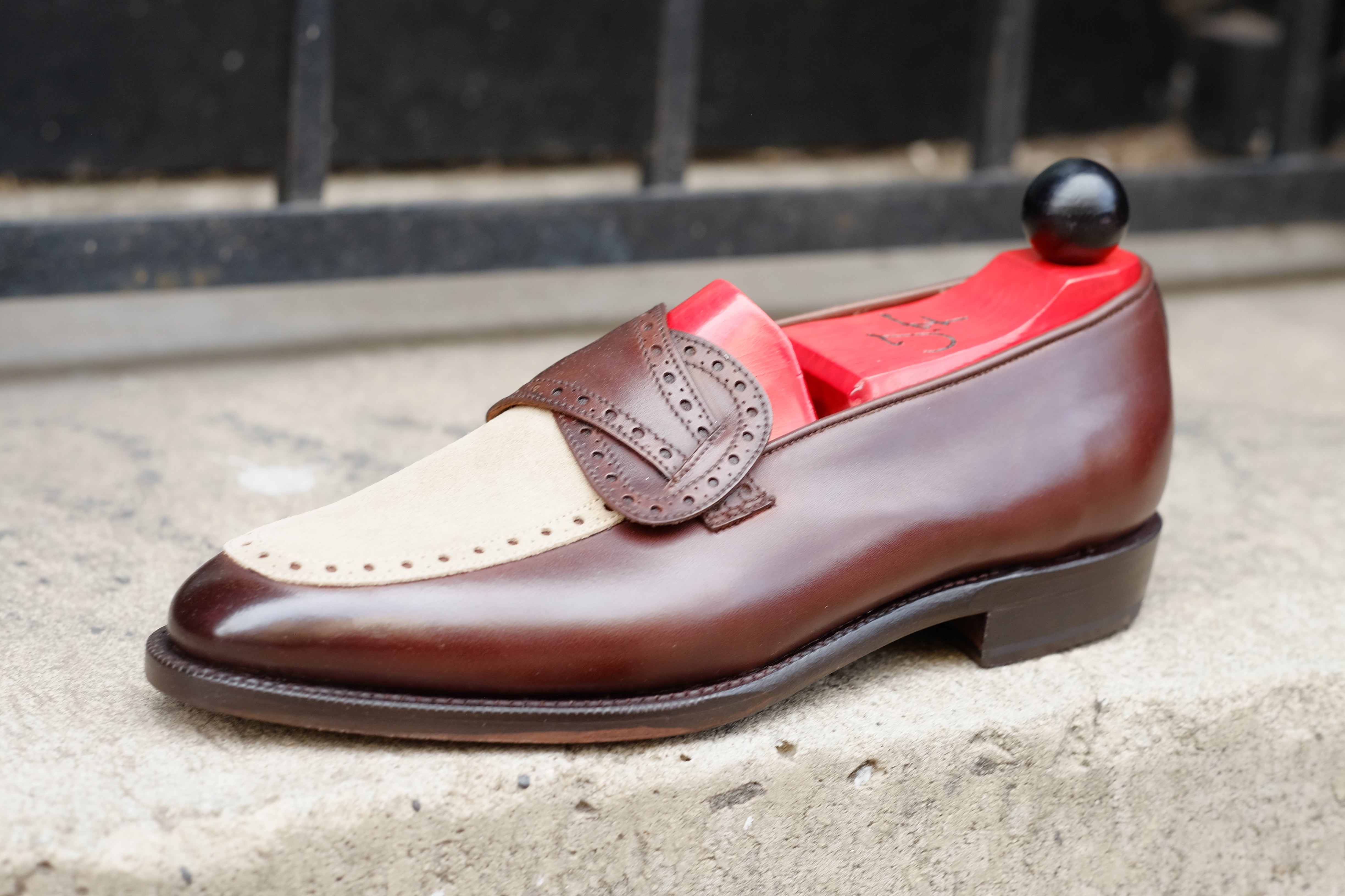 Kennewick - MTO - Dark Chestnut Calf / Light Cream Suede - TMG Last - Single Leather Sole-Made To Order Butterfly Loafer Brogue-J.FitzPatrick Footwear