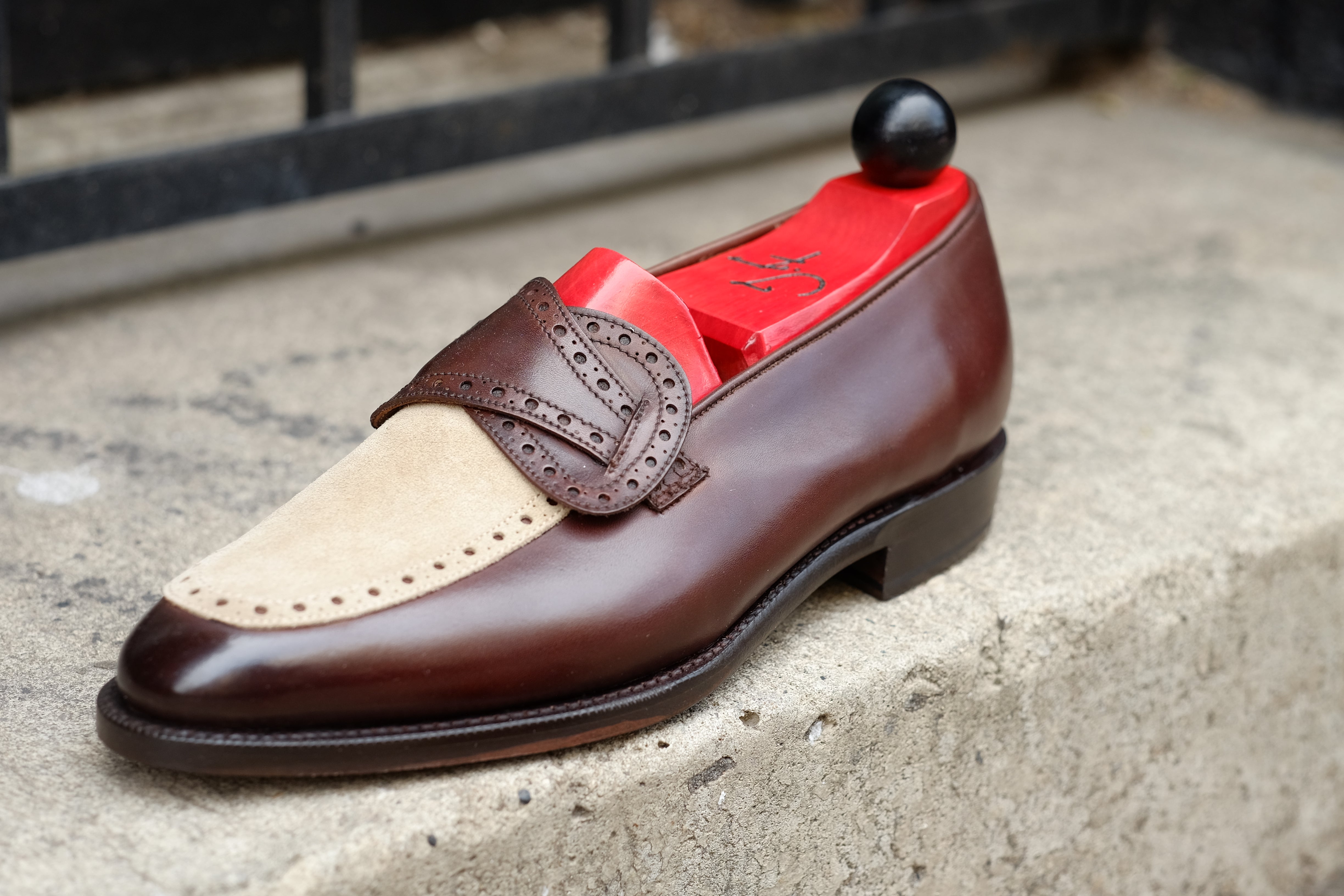 Kennewick - MTO - Dark Chestnut Calf / Light Cream Suede - TMG Last - Single Leather Sole-Made To Order Butterfly Loafer Brogue-J.FitzPatrick Footwear
