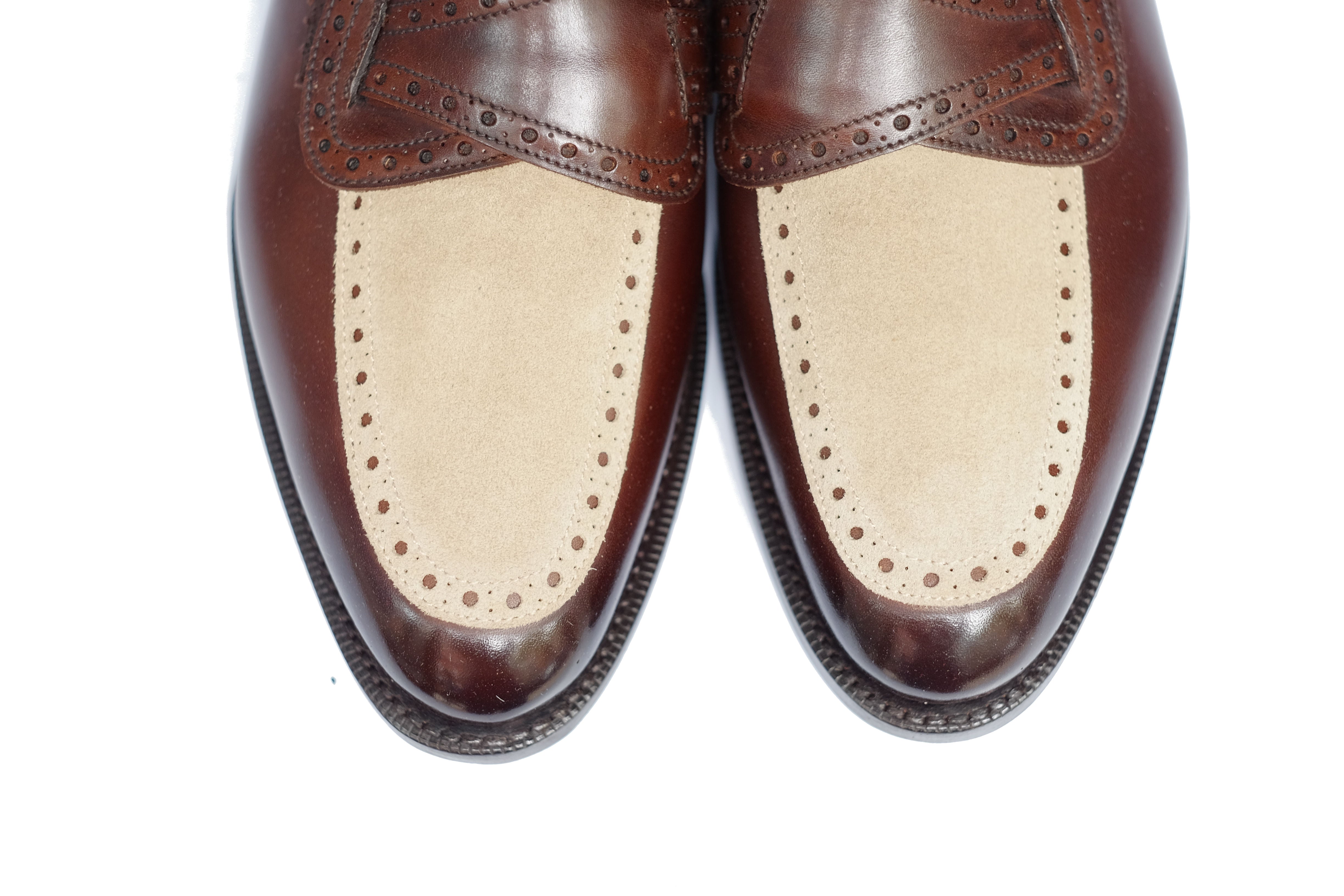 Kennewick - MTO - Dark Chestnut Calf / Light Cream Suede - TMG Last - Single Leather Sole-Made To Order Butterfly Loafer Brogue-J.FitzPatrick Footwear