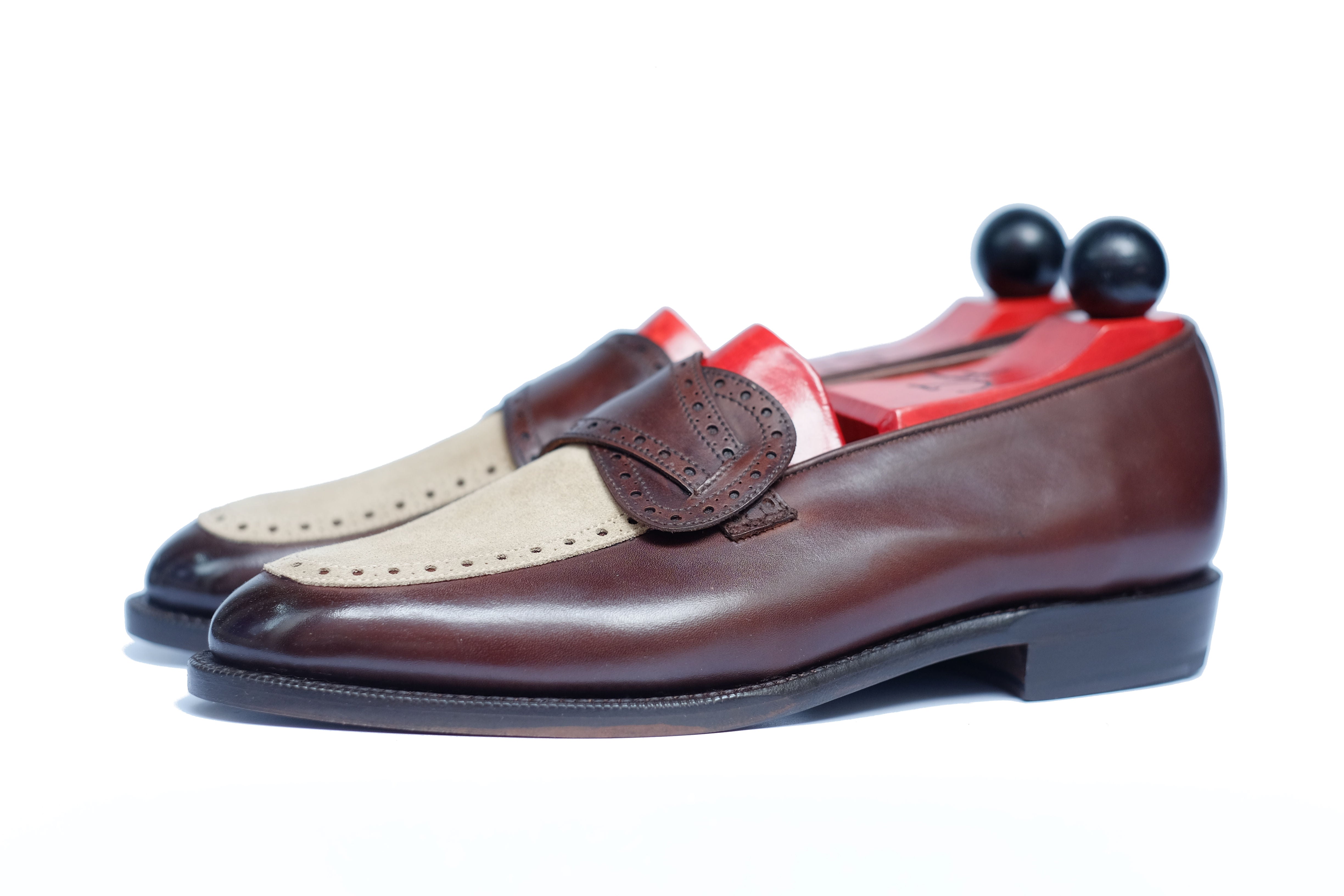 Kennewick - MTO - Dark Chestnut Calf / Light Cream Suede - TMG Last - Single Leather Sole-Made To Order Butterfly Loafer Brogue-J.FitzPatrick Footwear
