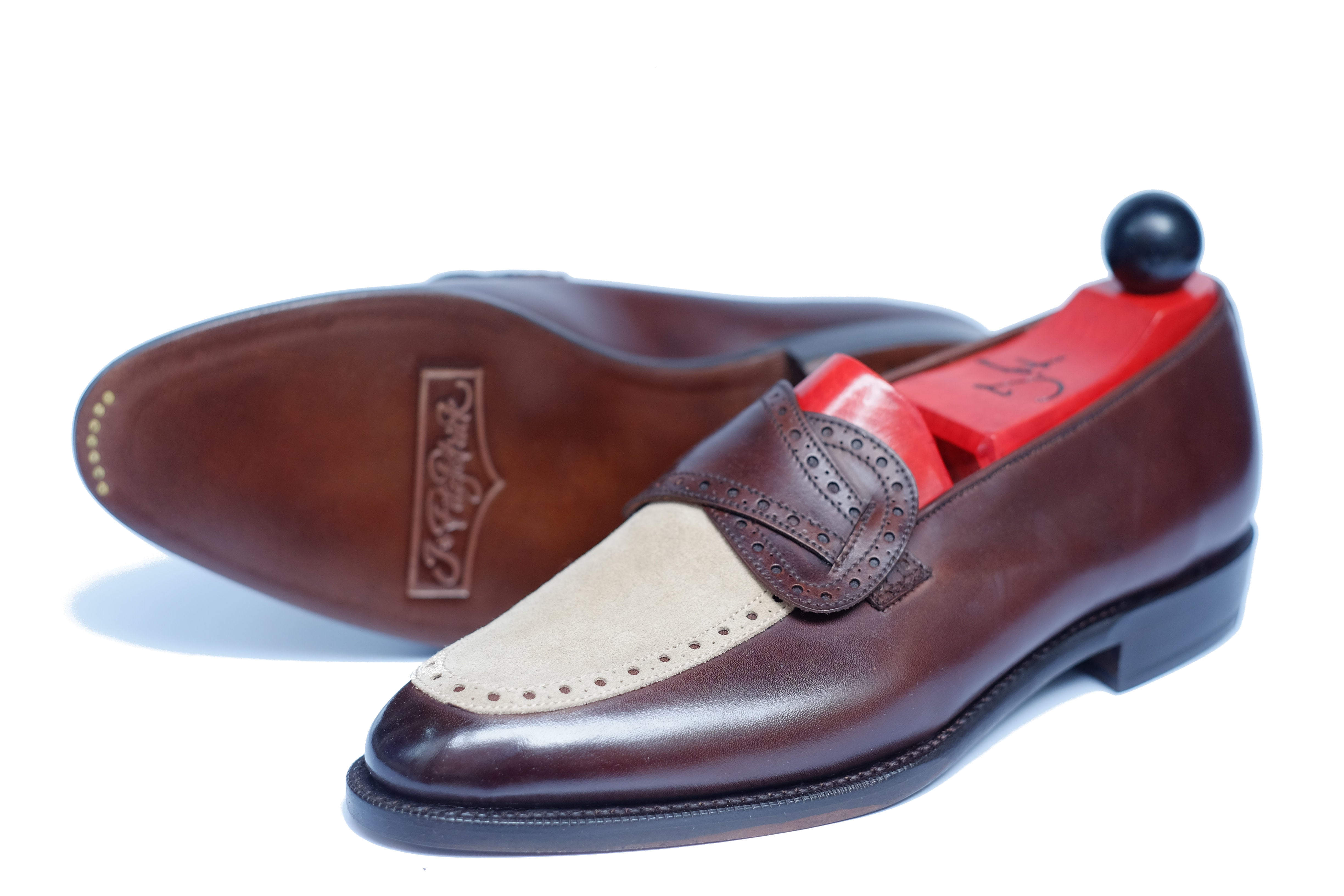 Kennewick - MTO - Dark Chestnut Calf / Light Cream Suede - TMG Last - Single Leather Sole-Made To Order Butterfly Loafer Brogue-J.FitzPatrick Footwear