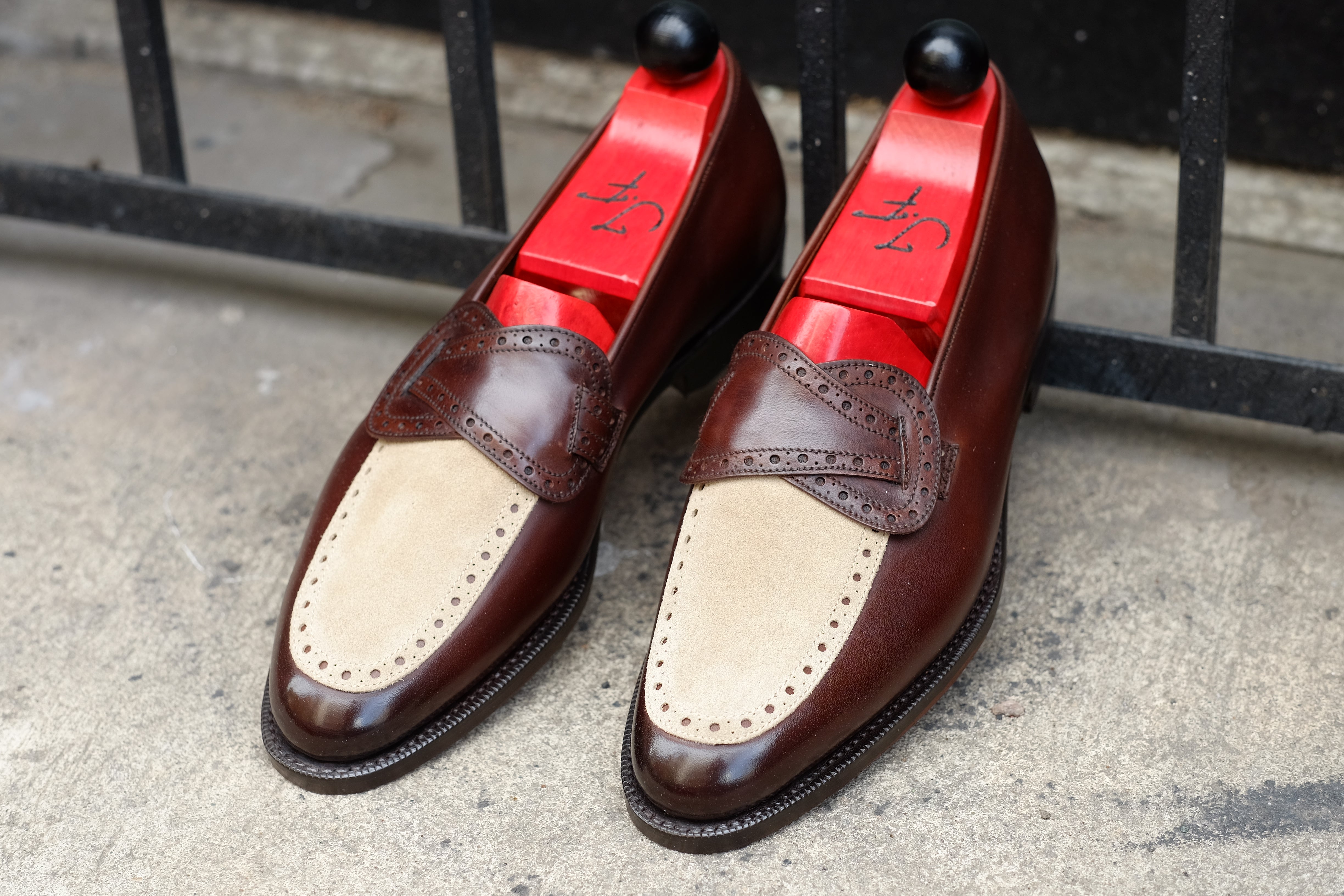 Kennewick - MTO - Dark Chestnut Calf / Light Cream Suede - TMG Last - Single Leather Sole-Made To Order Butterfly Loafer Brogue-J.FitzPatrick Footwear