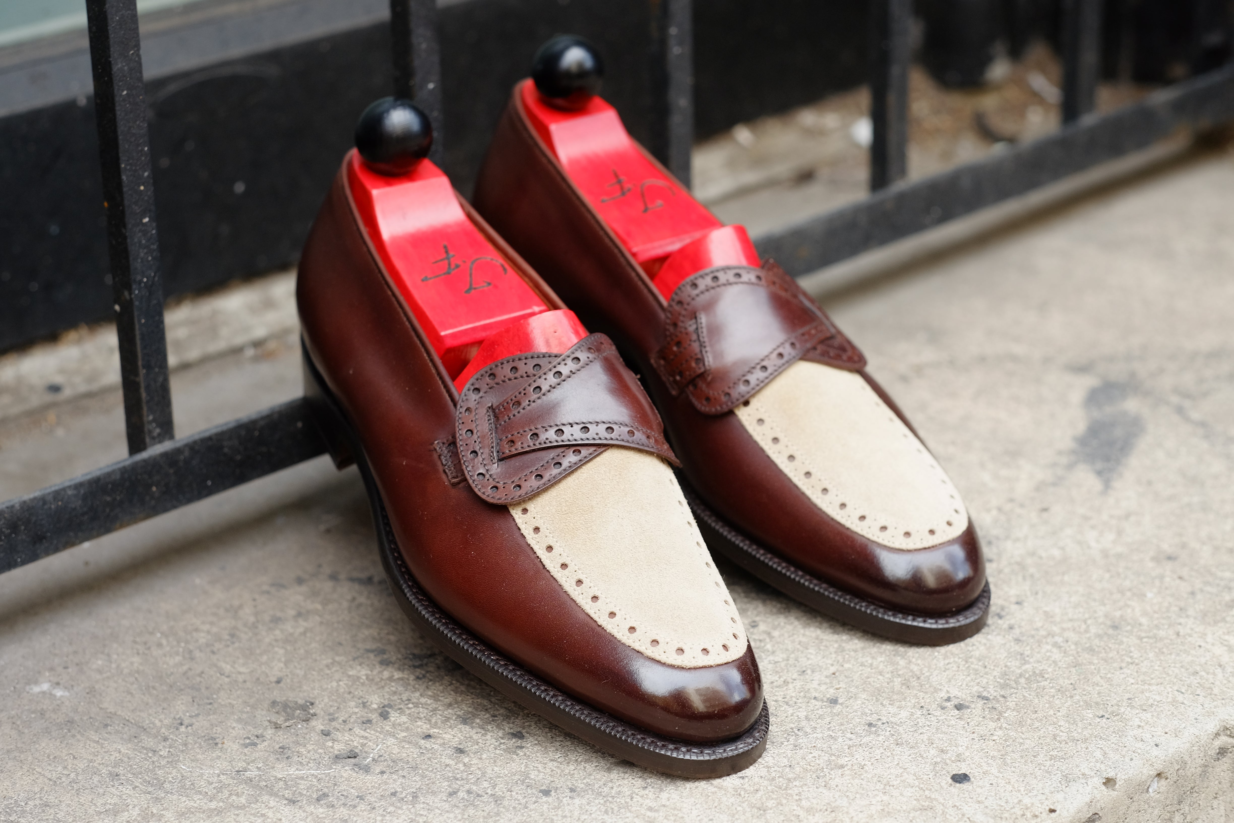 Kennewick - MTO - Dark Chestnut Calf / Light Cream Suede - TMG Last - Single Leather Sole-Made To Order Butterfly Loafer Brogue-J.FitzPatrick Footwear