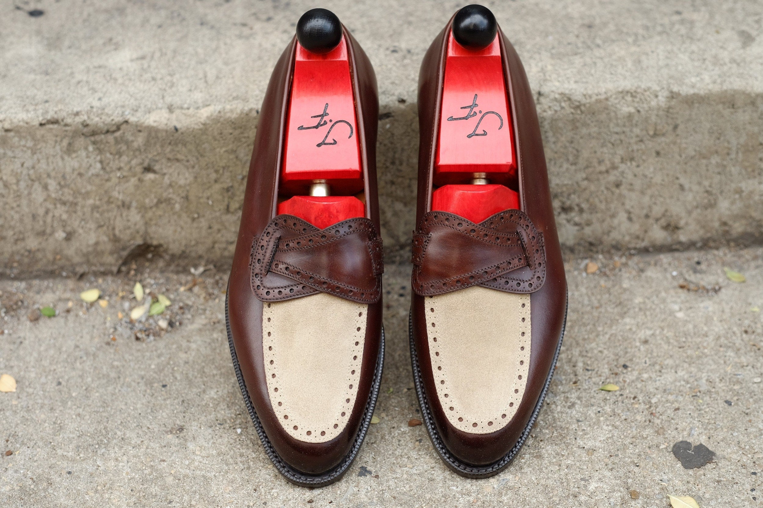 Kennewick - MTO - Dark Chestnut Calf / Light Cream Suede - TMG Last - Single Leather Sole-Made To Order Butterfly Loafer Brogue-J.FitzPatrick Footwear