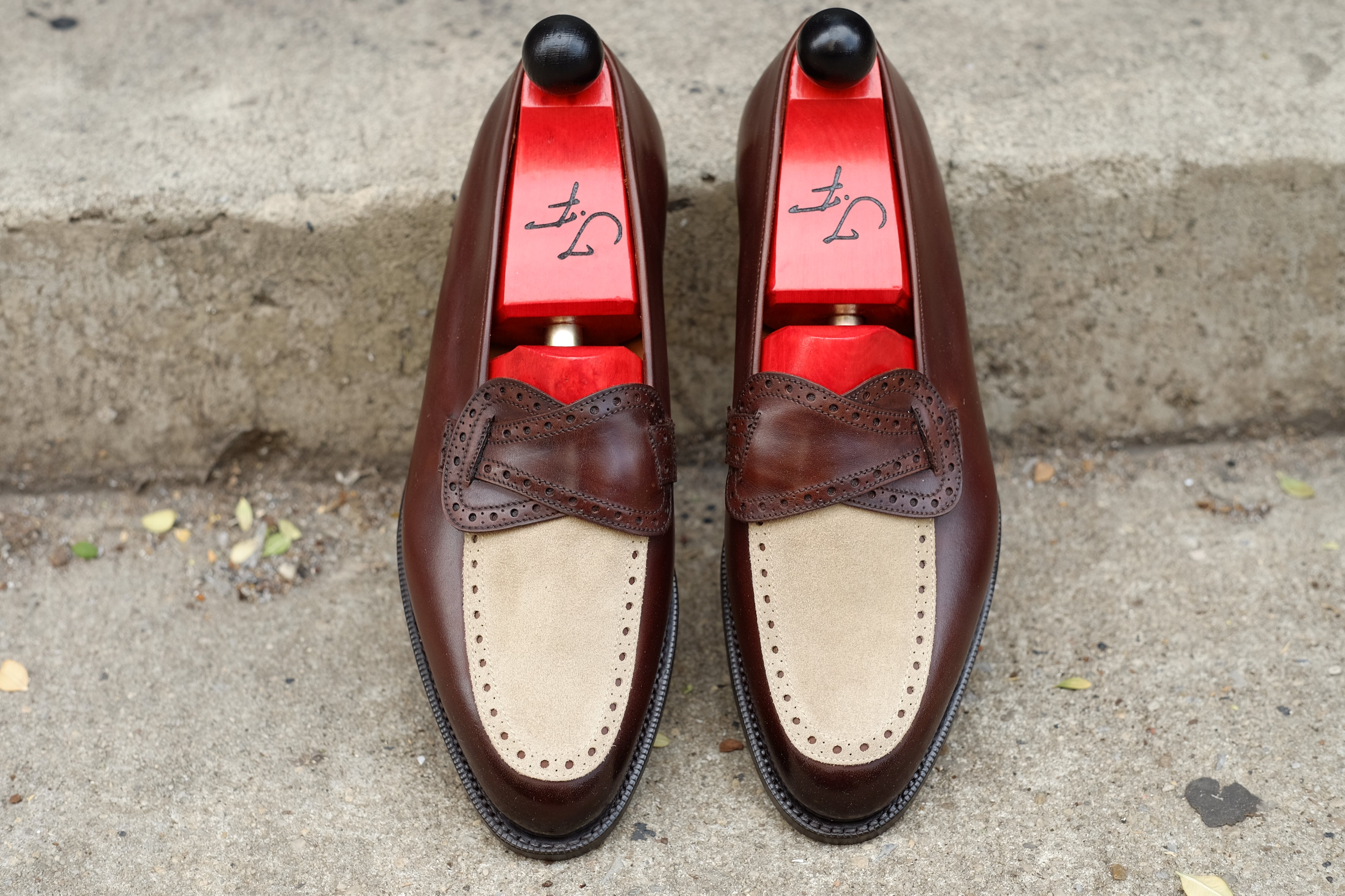 Kennewick - MTO - Dark Chestnut Calf / Light Cream Suede - TMG Last - Single Leather Sole-Made To Order Butterfly Loafer Brogue-J.FitzPatrick Footwear