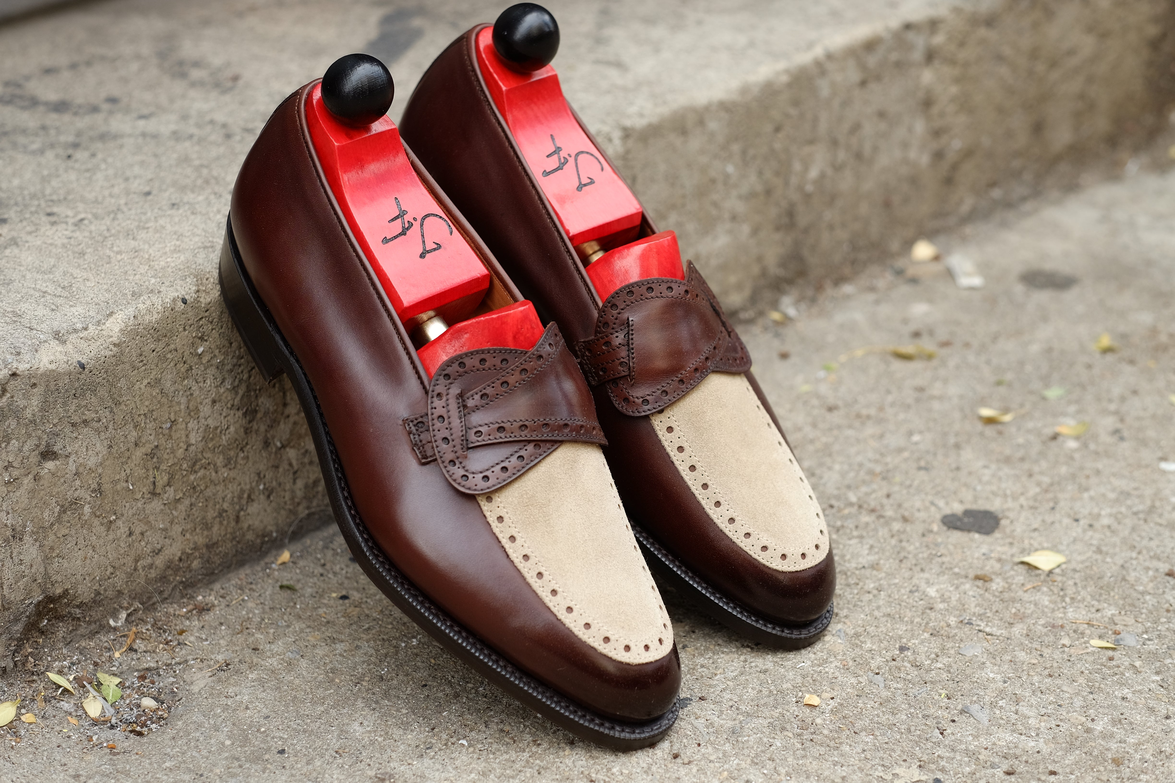 Kennewick - MTO - Dark Chestnut Calf / Light Cream Suede - TMG Last - Single Leather Sole-Made To Order Butterfly Loafer Brogue-J.FitzPatrick Footwear