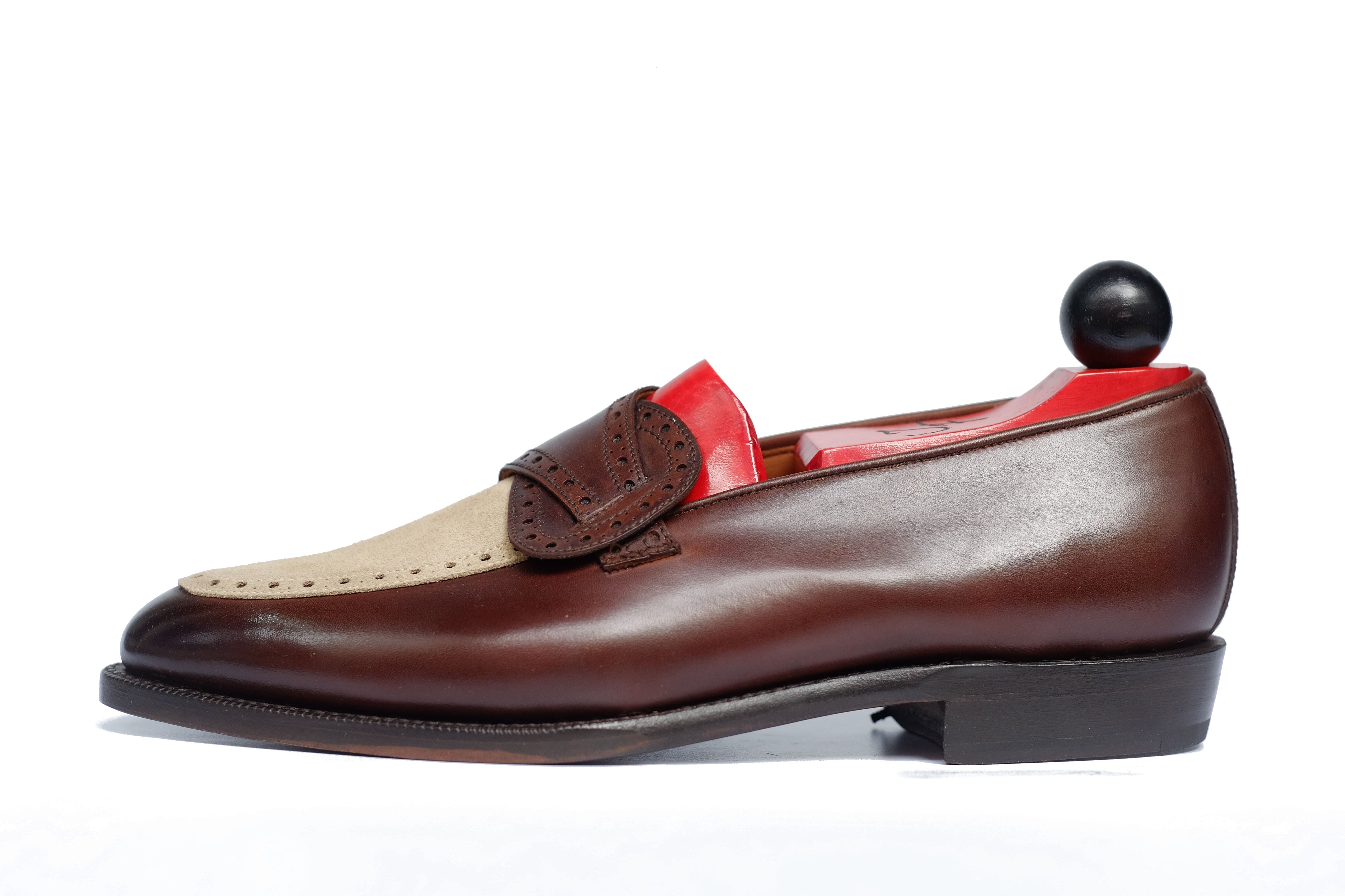 Kennewick - MTO - Dark Chestnut Calf / Light Cream Suede - TMG Last - Single Leather Sole-Made To Order Butterfly Loafer Brogue-J.FitzPatrick Footwear